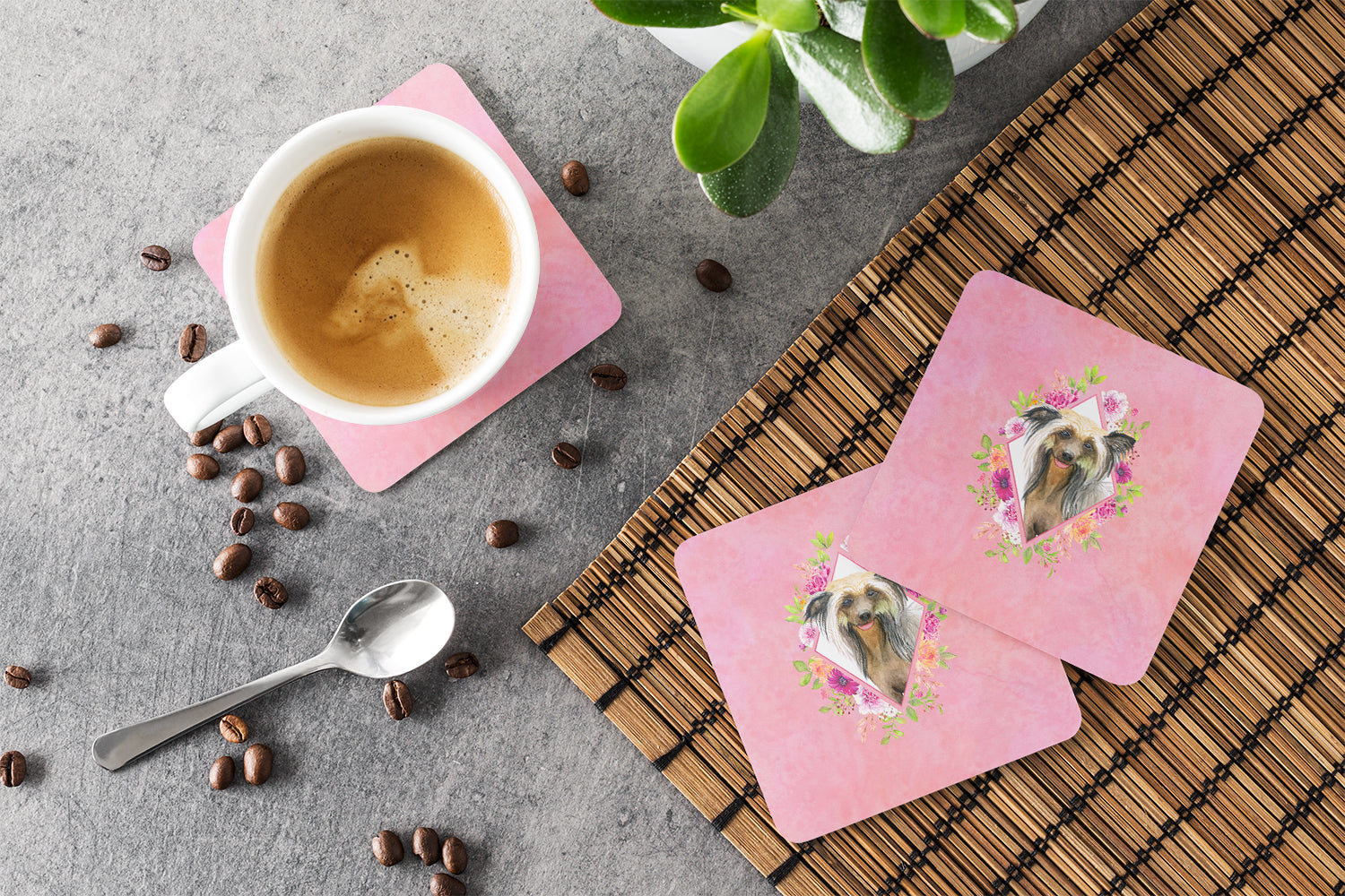 Chinese Crested Pink Flowers Foam Coasters Set of 4 Cup Coasters for Indoor Outdoor, Tabletop Protection, Anti Slip, Mouse pad Material