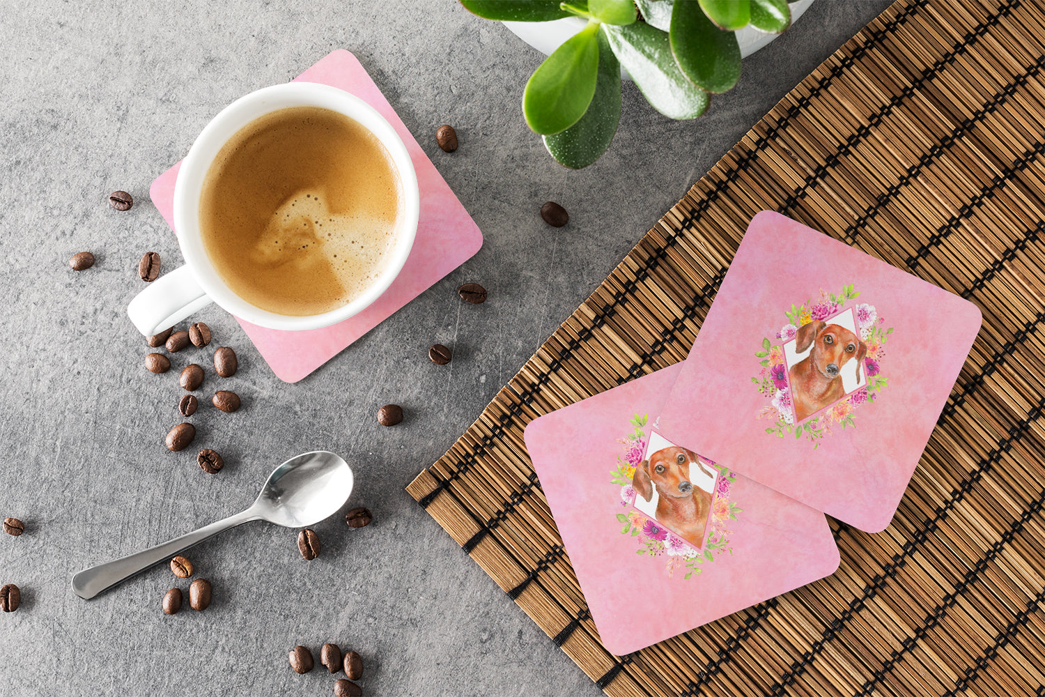 Dachshund Red #2 Pink Flowers Foam Coasters Set of 4 Cup Coasters for Indoor Outdoor, Tabletop Protection, Anti Slip, Mouse pad Material
