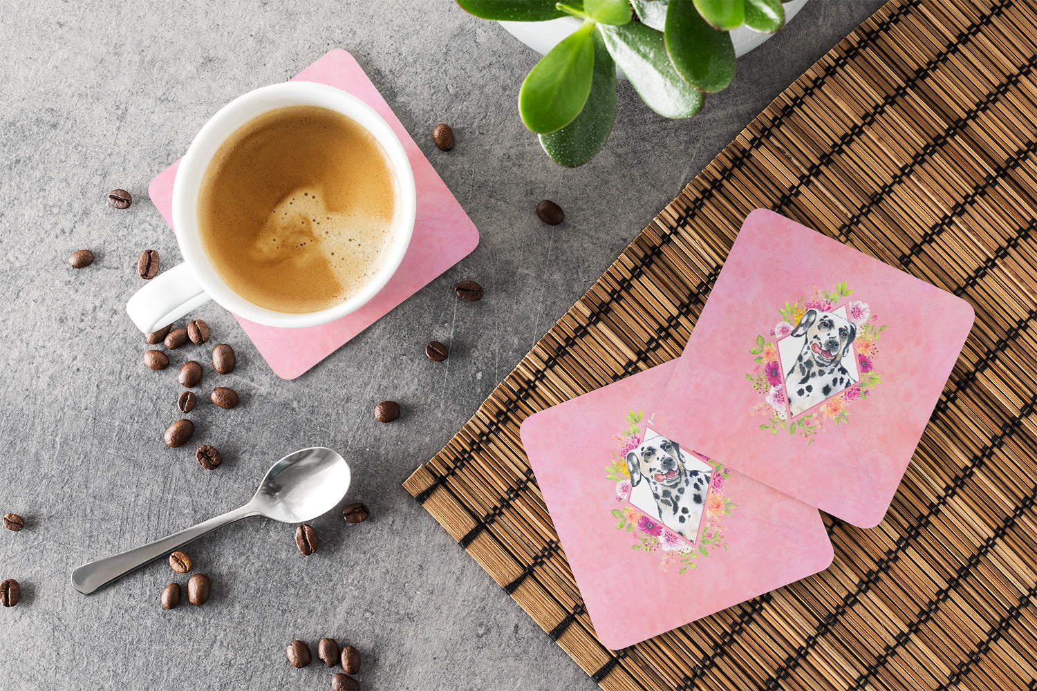 Dalmatian Pink Flowers Foam Coasters Set of 4 Cup Coasters for Indoor Outdoor, Tabletop Protection, Anti Slip, Mouse pad Material