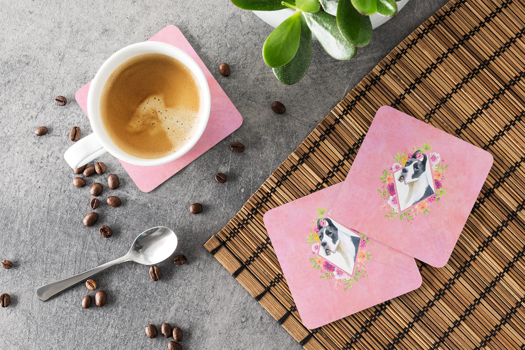 Great Dane Pink Flowers Foam Coasters Set of 4 Cup Coasters for Indoor Outdoor, Tabletop Protection, Anti Slip, Mouse pad Material