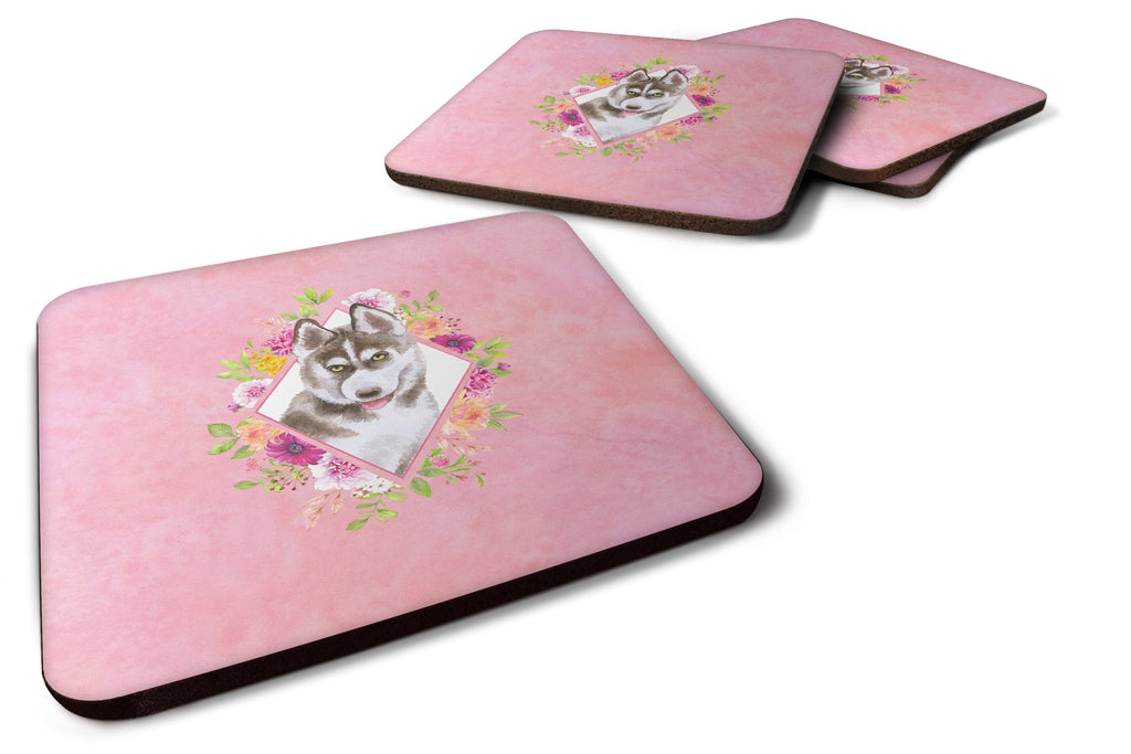Siberian Husky #2 Pink Flowers Foam Coasters Set of 4 Cup Coasters for Indoor Outdoor, Tabletop Protection, Anti Slip, Mouse pad Material