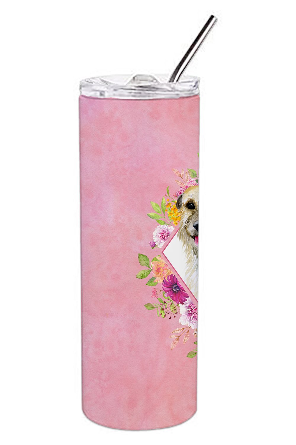 Irish Wolfhound Pink Flowers Stainless Steel Skinny Tumbler 20 oz Vacuum Double Walled Reusable Insulated Travel Cup