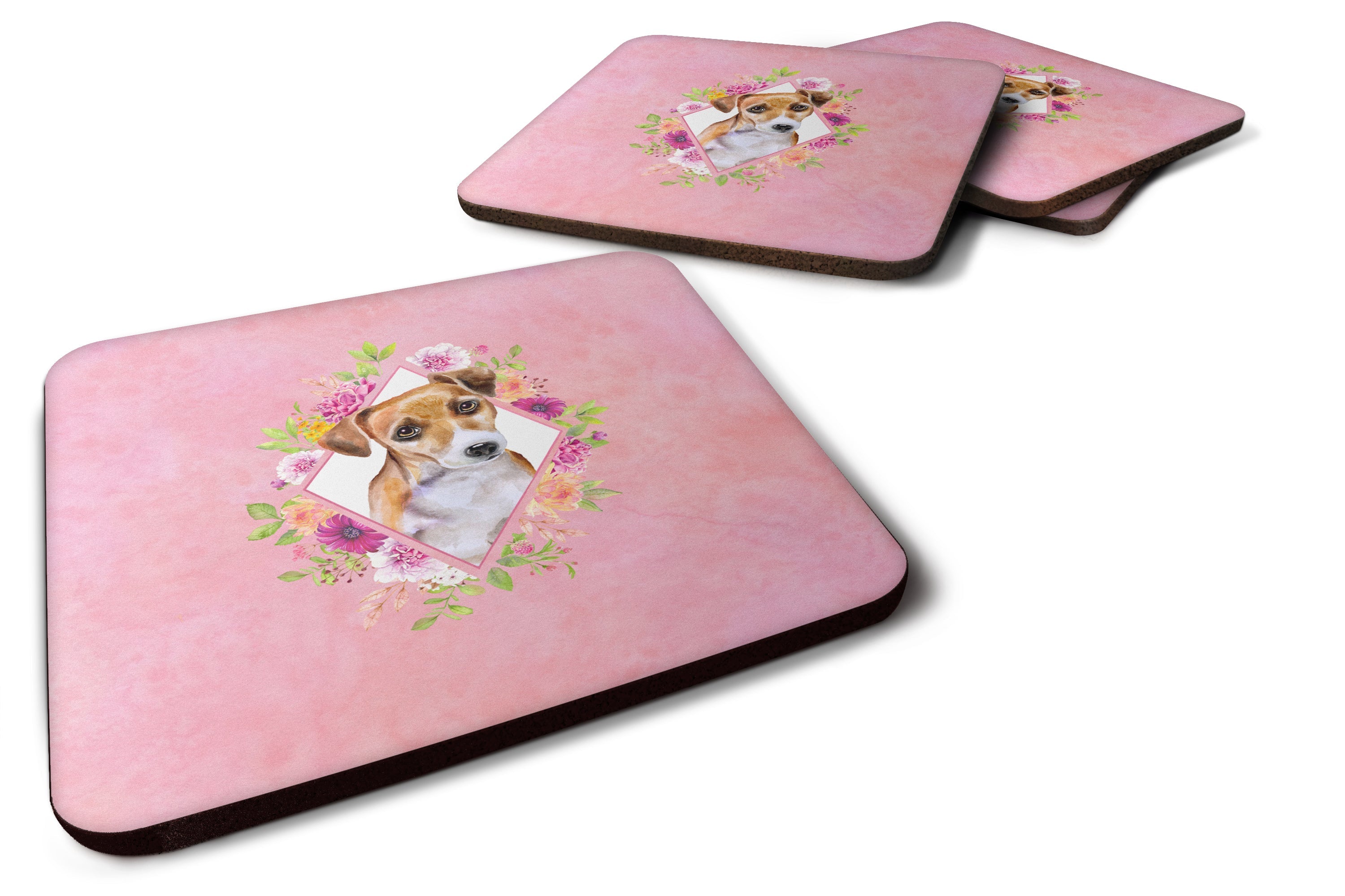 Jack Russell Terrier #1 Pink Flowers Foam Coasters Set of 4 Cup Coasters for Indoor Outdoor, Tabletop Protection, Anti Slip, Mouse pad Material
