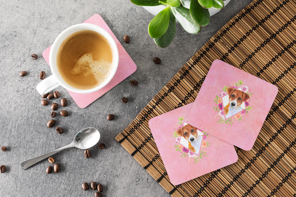 Jack Russell Terrier #2 Pink Flowers Foam Coasters Set of 4 Cup Coasters for Indoor Outdoor, Tabletop Protection, Anti Slip, Mouse pad Material