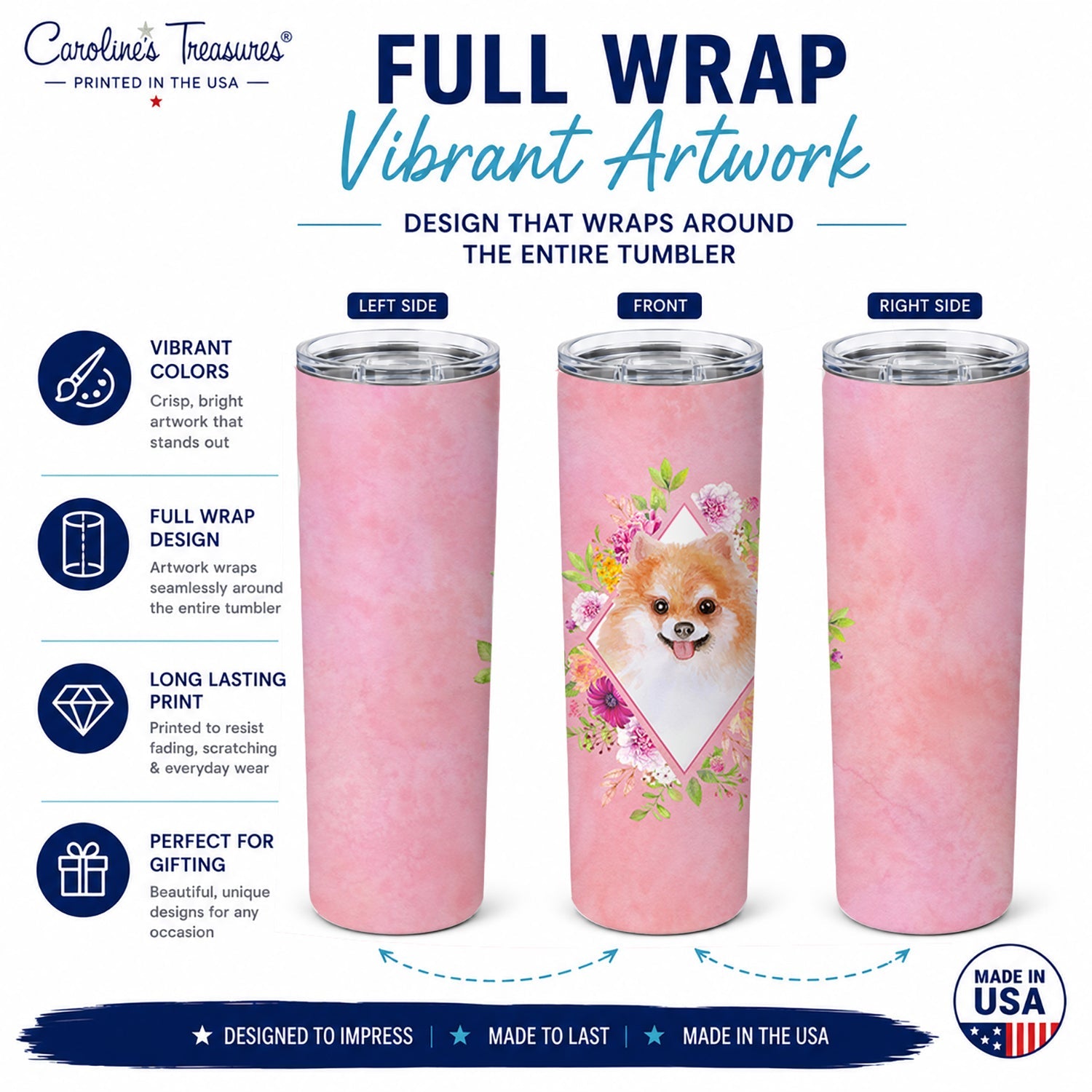 Pomeranian #1 Pink Flowers Stainless Steel Skinny Tumbler 20 oz Vacuum Double Walled Reusable Insulated Travel Cup