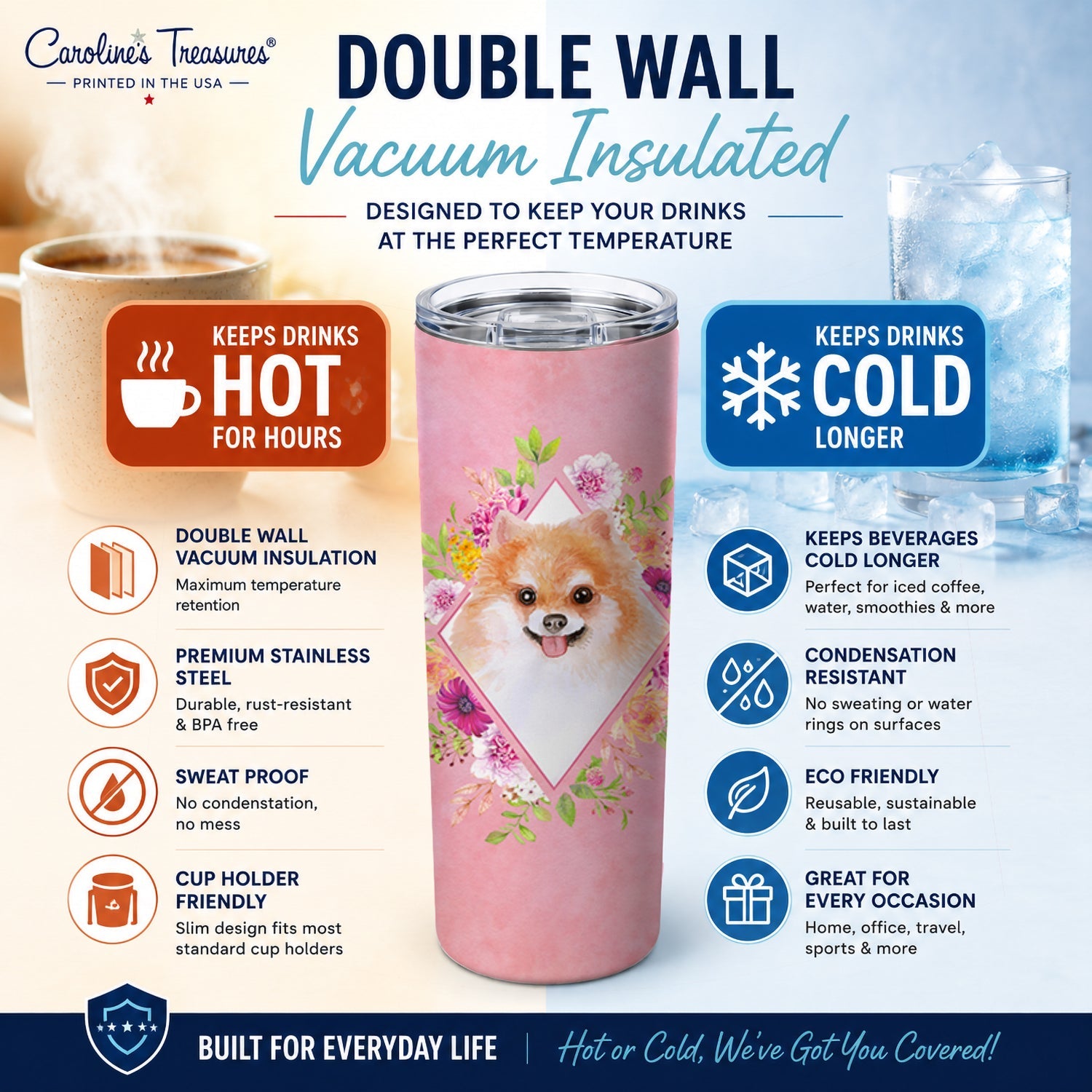 Pomeranian #1 Pink Flowers Stainless Steel Skinny Tumbler 20 oz Vacuum Double Walled Reusable Insulated Travel Cup