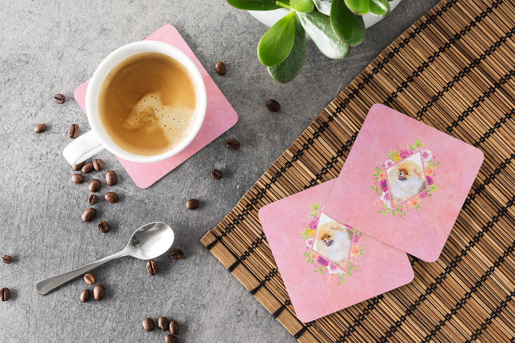 Pomeranian #2 Pink Flowers Foam Coasters Set of 4 Cup Coasters for Indoor Outdoor, Tabletop Protection, Anti Slip, Mouse pad Material