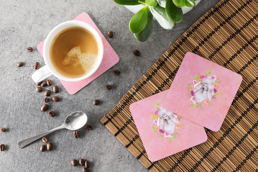 Standard White Poodle Pink Flowers Foam Coasters Set of 4 Cup Coasters for Indoor Outdoor, Tabletop Protection, Anti Slip, Mouse pad Material