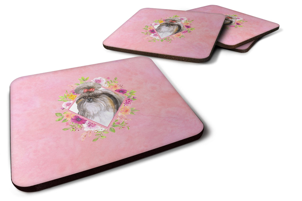 Shih Tzu Pink Flowers Foam Coasters Set of 4 Cup Coasters for Indoor Outdoor, Tabletop Protection, Anti Slip, Mouse pad Material