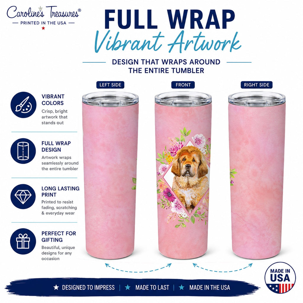 Tibetian Mastiff Puppy Pink Flowers Stainless Steel Skinny Tumbler 20 oz Vacuum Double Walled Reusable Insulated Travel Cup