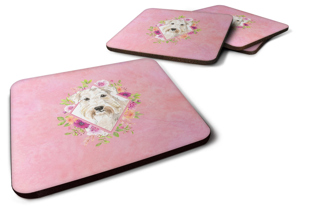 Wheaten Terrier Pink Flowers Foam Coasters Set of 4 Cup Coasters for Indoor Outdoor, Tabletop Protection, Anti Slip, Mouse pad Material