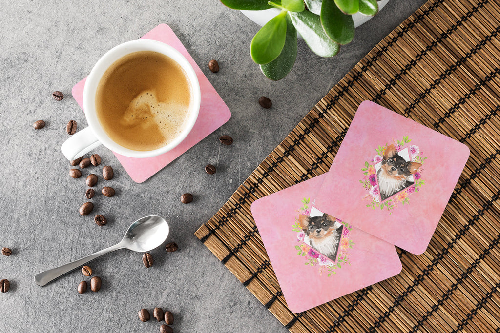 Longhaired Chihuahua Pink Flowers Foam Coasters Set of 4 Cup Coasters for Indoor Outdoor, Tabletop Protection, Anti Slip, Mouse pad Material