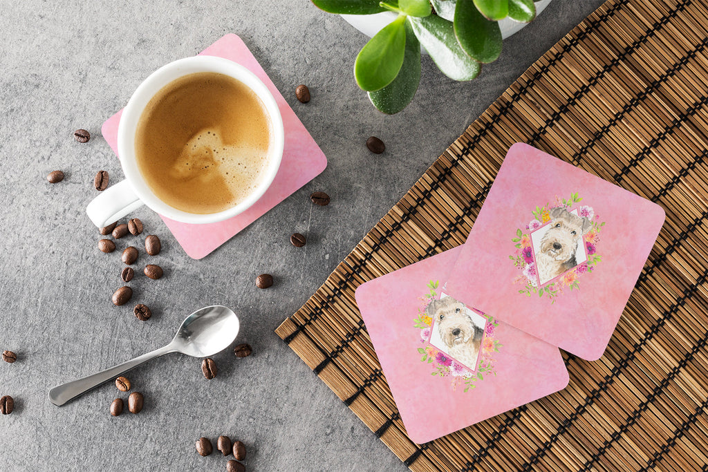 Lakeland Terrier Pink Flowers Foam Coasters Set of 4 Cup Coasters for Indoor Outdoor, Tabletop Protection, Anti Slip, Mouse pad Material
