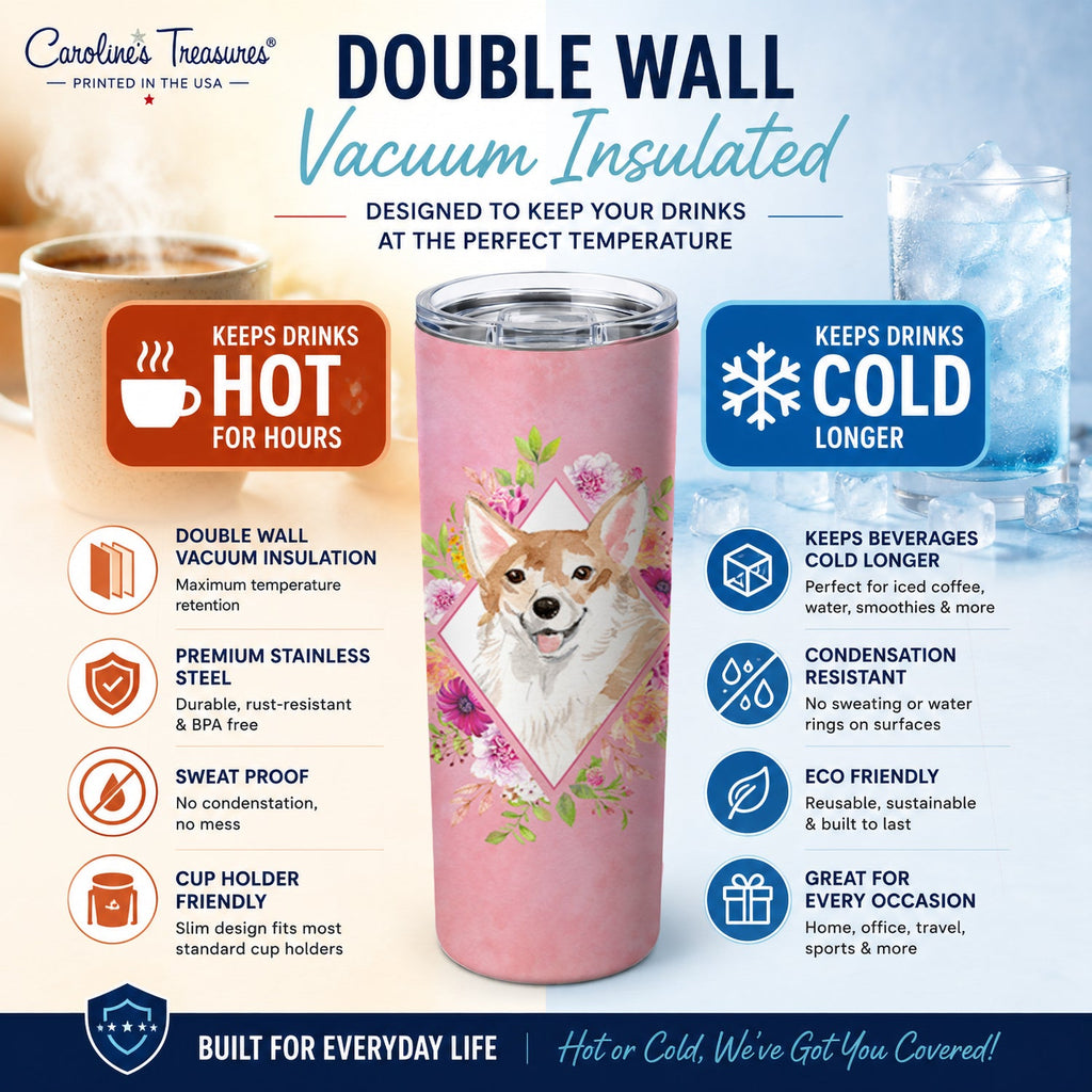 Corgi Pink Flowers Stainless Steel Skinny Tumbler 20 oz Vacuum Double Walled Reusable Insulated Travel Cup