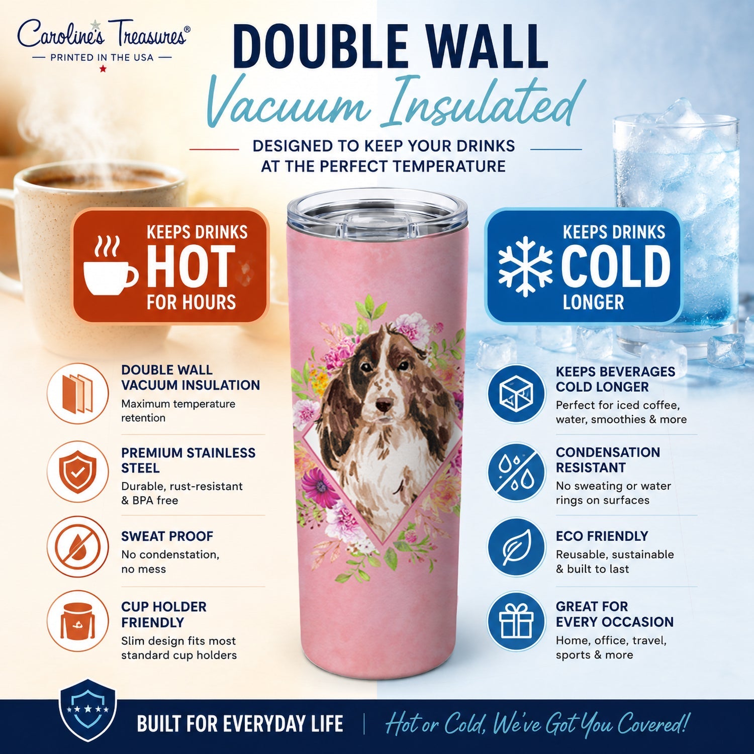 Brown Parti Cocker Spaniel Pink Flowers Stainless Steel Skinny Tumbler 20 oz Vacuum Double Walled Reusable Insulated Travel Cup
