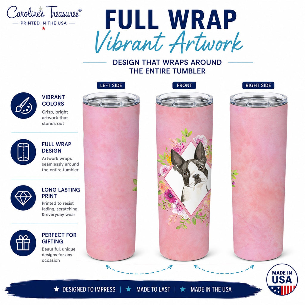 Boston Terrier Pink Flowers Stainless Steel Skinny Tumbler 20 oz Vacuum Double Walled Reusable Insulated Travel Cup