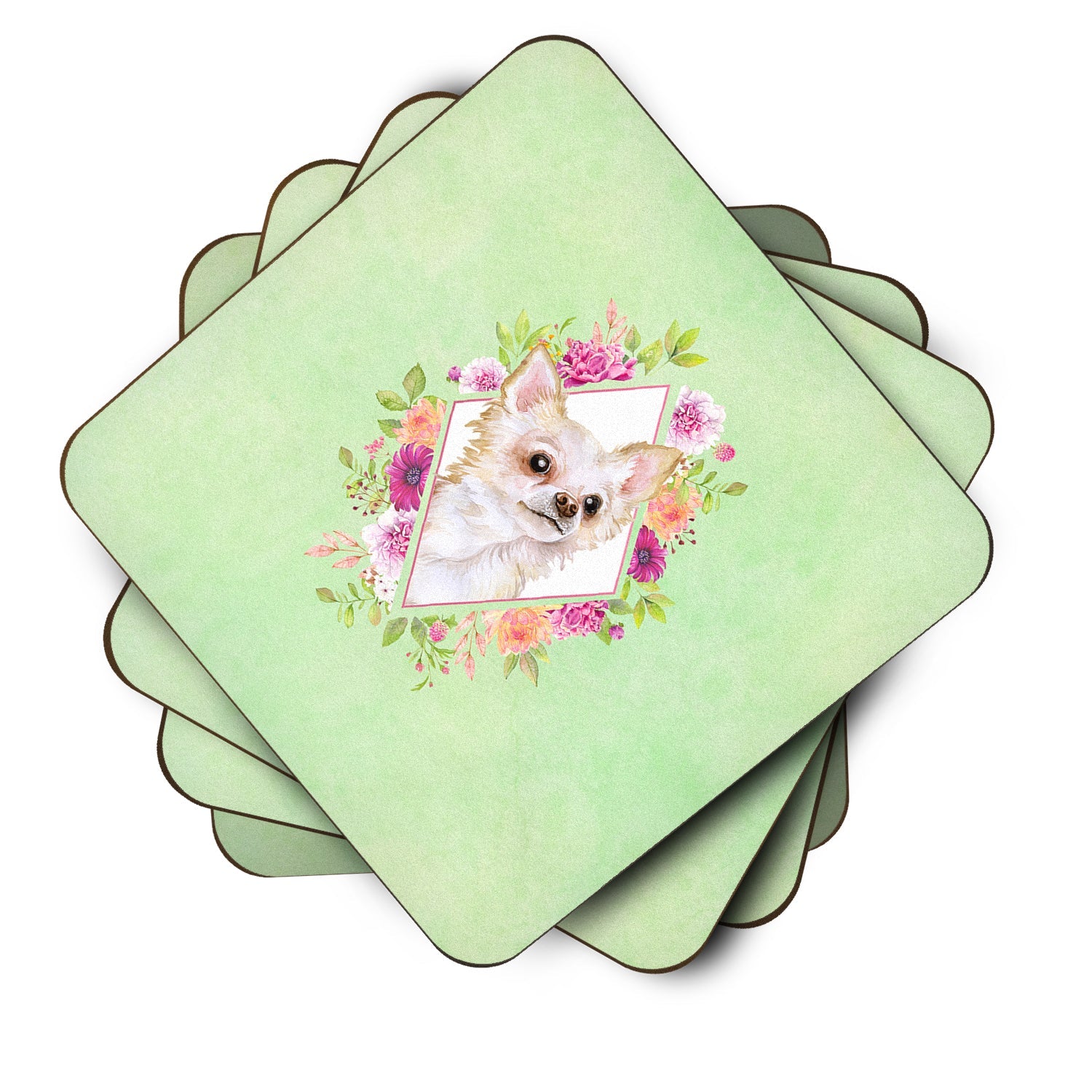 Long Hair Chihuahua Green Flowers Foam Coasters Set of 4 Cup Coasters for Indoor Outdoor, Tabletop Protection, Anti Slip, Mouse pad Material