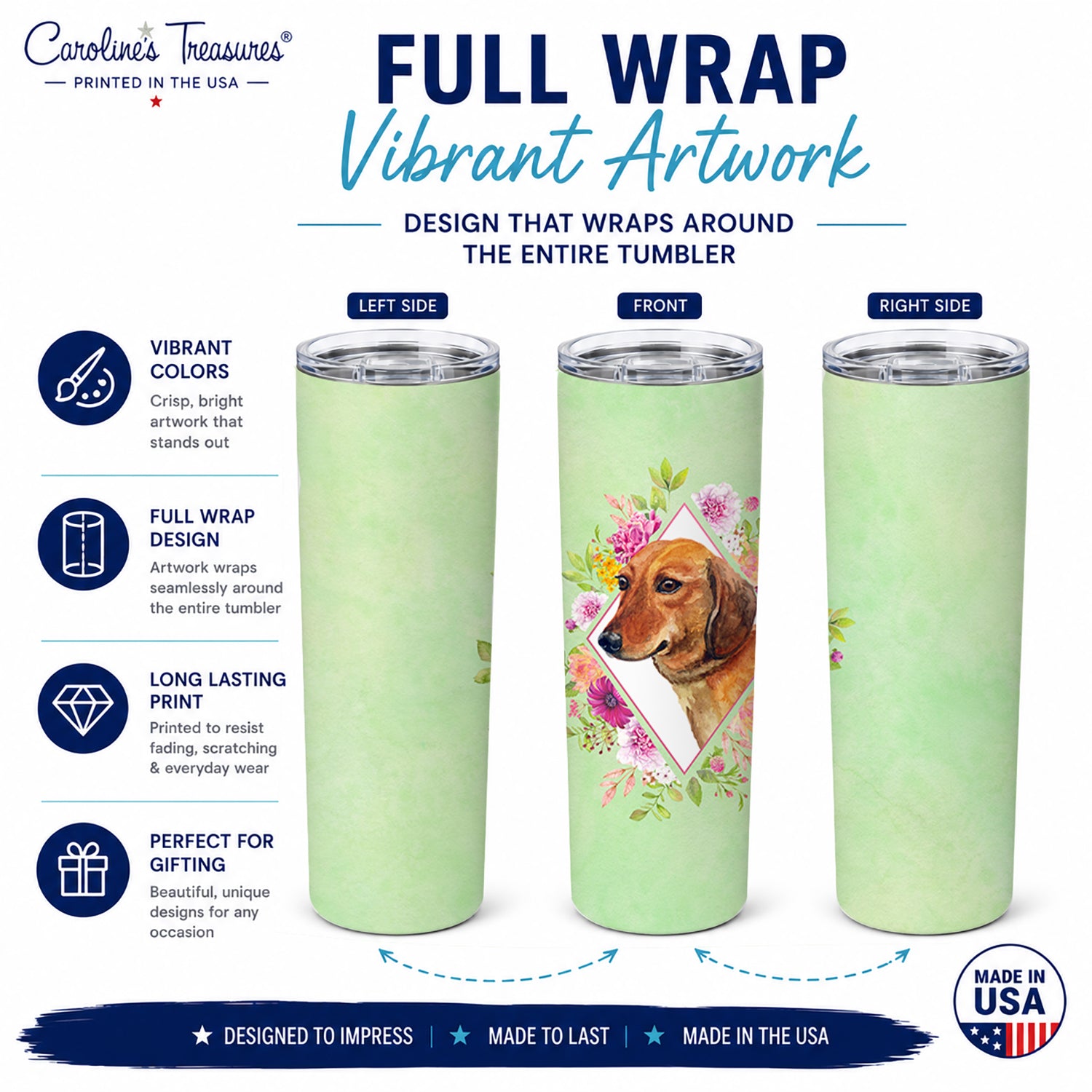 Dachshund Red #1 Green Flowers Stainless Steel Skinny Tumbler 20 oz Vacuum Double Walled Reusable Insulated Travel Cup