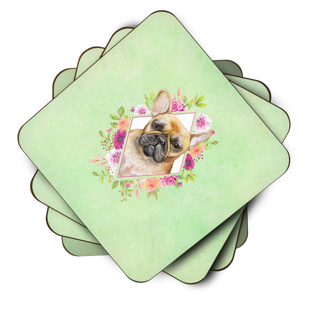 Fawn French Bulldog Green Flowers Foam Coasters Set of 4 Cup Coasters for Indoor Outdoor, Tabletop Protection, Anti Slip, Mouse pad Material