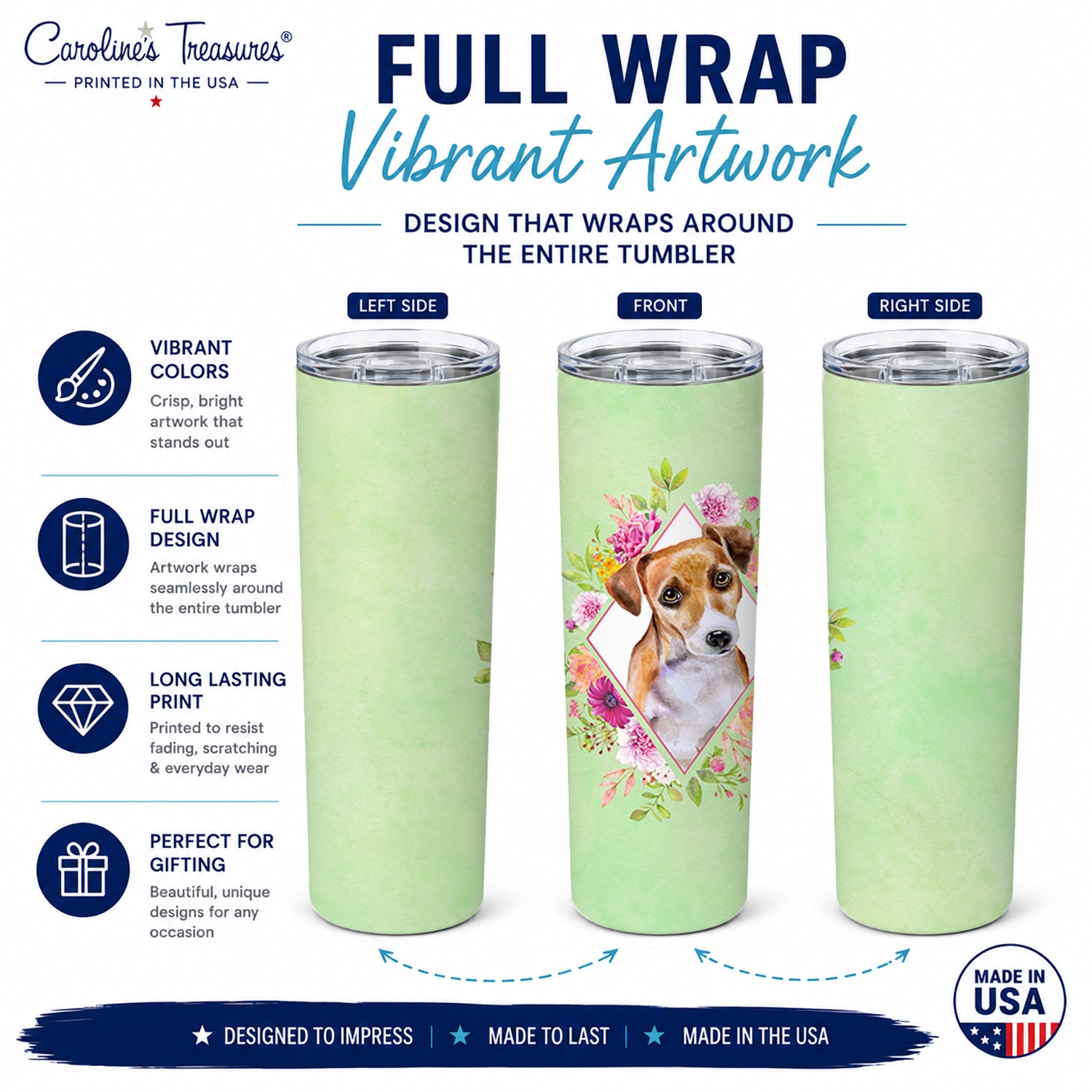 Jack Russell Terrier #1 Green Flowers Stainless Steel Skinny Tumbler 20 oz Vacuum Double Walled Reusable Insulated Travel Cup