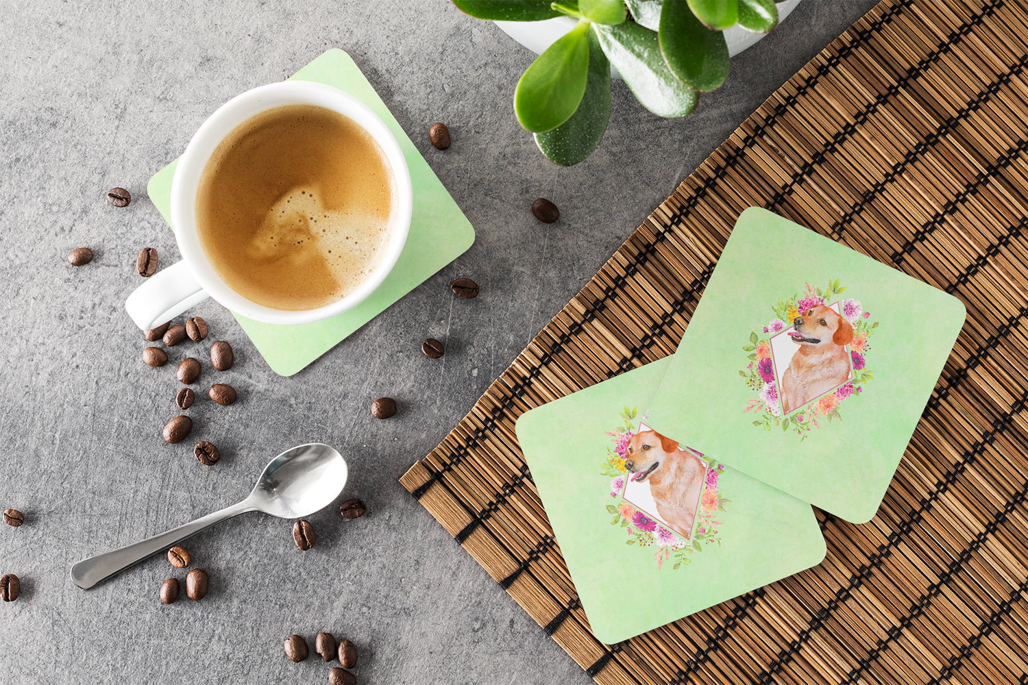 Yellow Labrador Retriever Green Flowers Foam Coasters Set of 4 Cup Coasters for Indoor Outdoor, Tabletop Protection, Anti Slip, Mouse pad Material