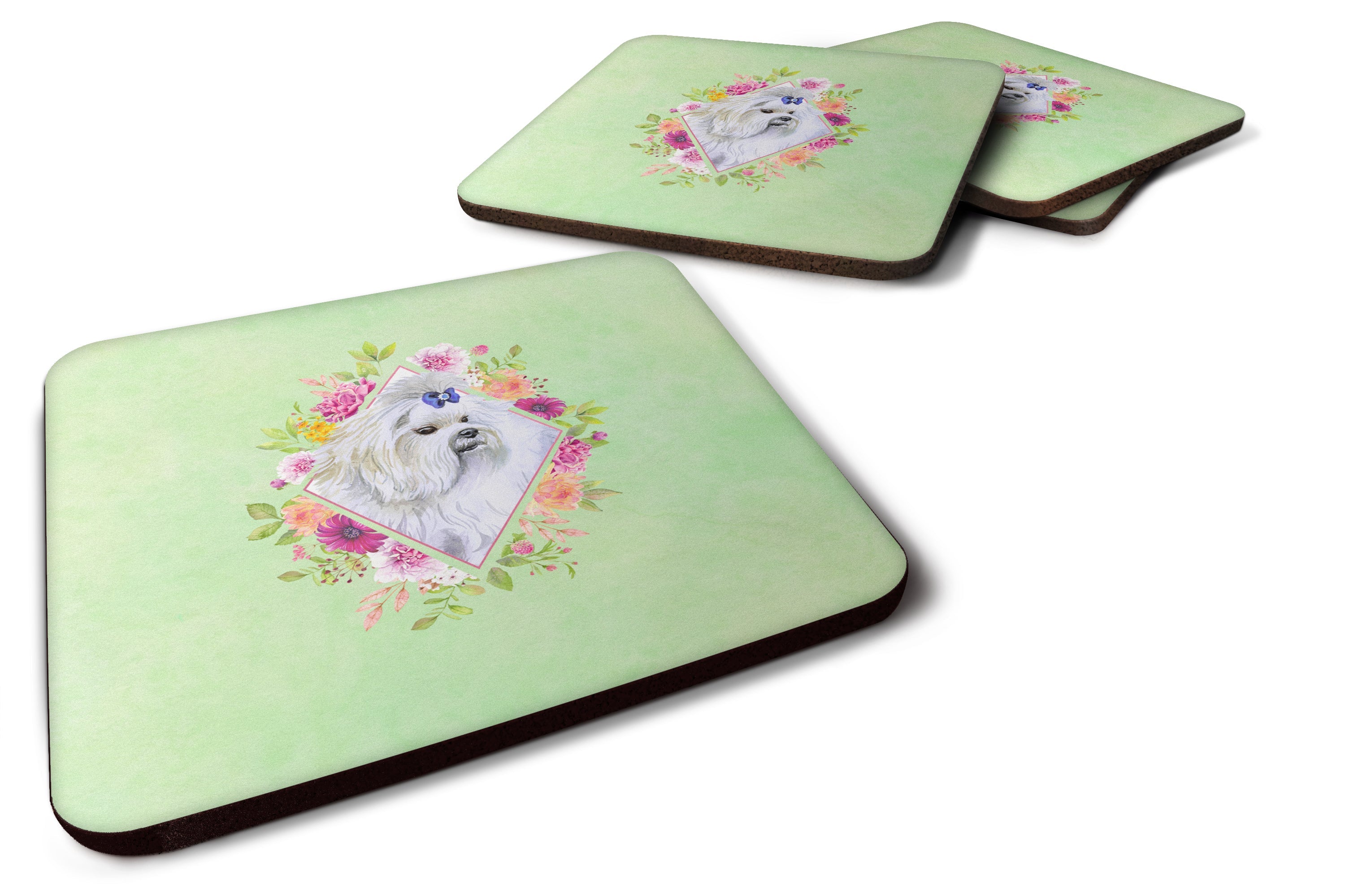Maltese Green Flowers Foam Coasters Set of 4 Cup Coasters for Indoor Outdoor, Tabletop Protection, Anti Slip, Mouse pad Material