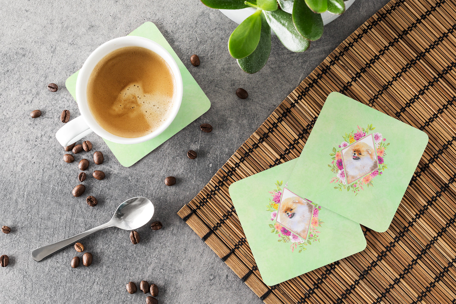 Pomeranian #2 Green Flowers Foam Coasters Set of 4 Cup Coasters for Indoor Outdoor, Tabletop Protection, Anti Slip, Mouse pad Material