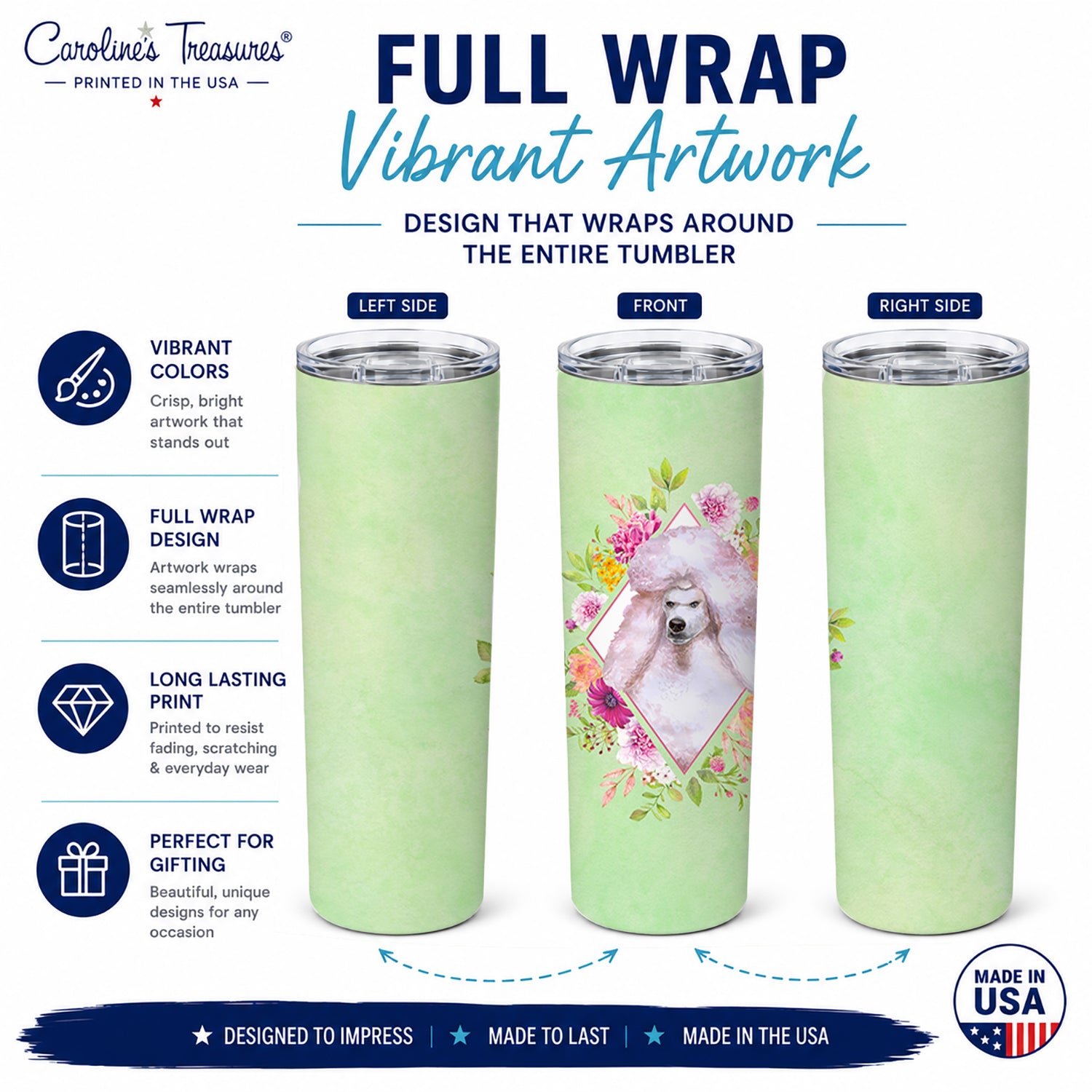 Standard White Poodle Green Flowers Stainless Steel Skinny Tumbler 20 oz Vacuum Double Walled Reusable Insulated Travel Cup
