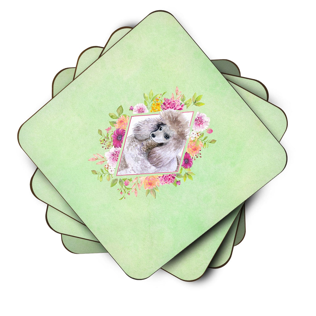 Standard Grey Poodle Green Flowers Foam Coasters Set of 4 Cup Coasters for Indoor Outdoor, Tabletop Protection, Anti Slip, Mouse pad Material