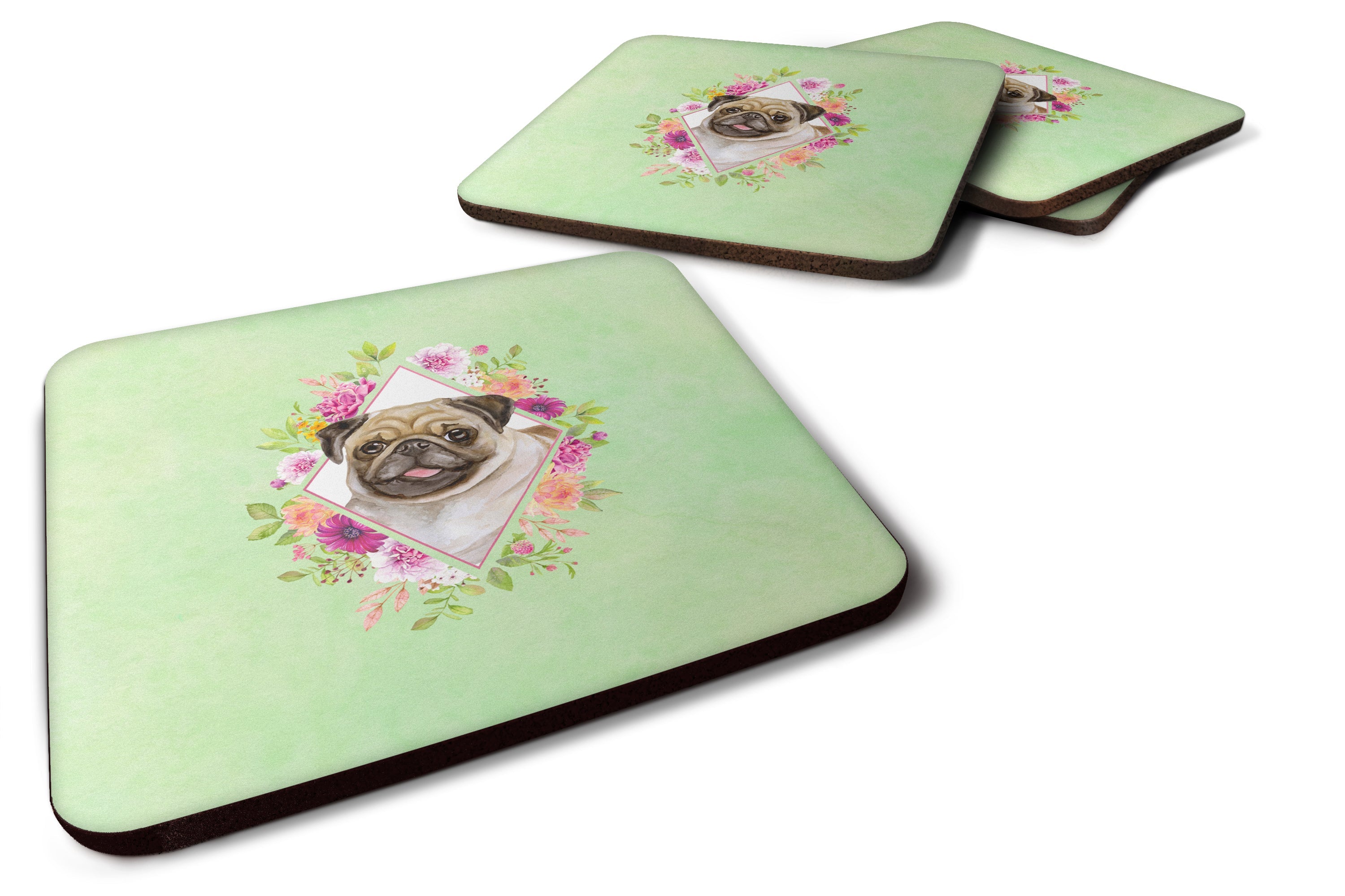 Fawn Pug Green Flowers Foam Coasters Set of 4 Cup Coasters for Indoor Outdoor, Tabletop Protection, Anti Slip, Mouse pad Material