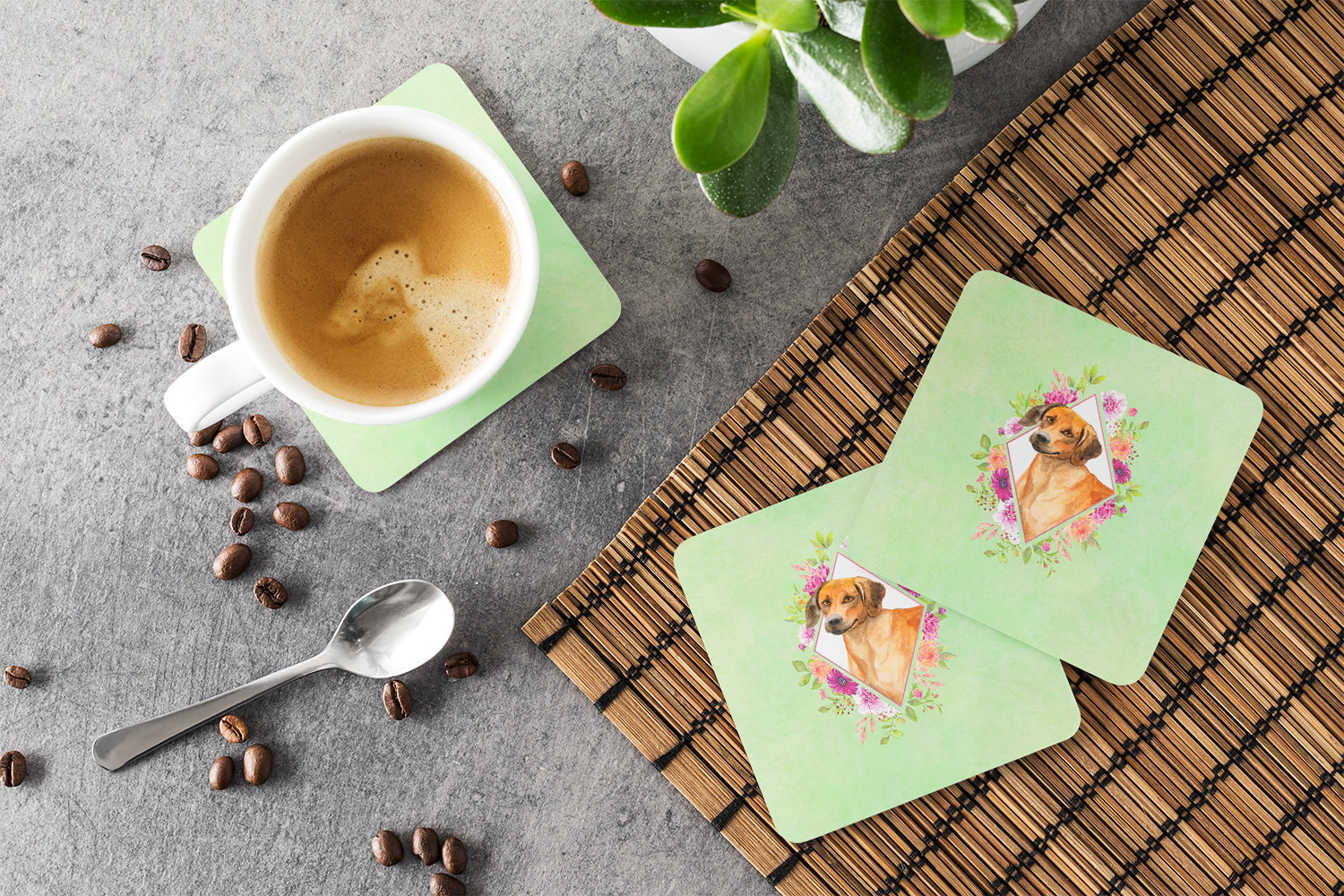 Rhodesian Ridgeback Green Flowers Foam Coasters Set of 4 Cup Coasters for Indoor Outdoor, Tabletop Protection, Anti Slip, Mouse pad Material