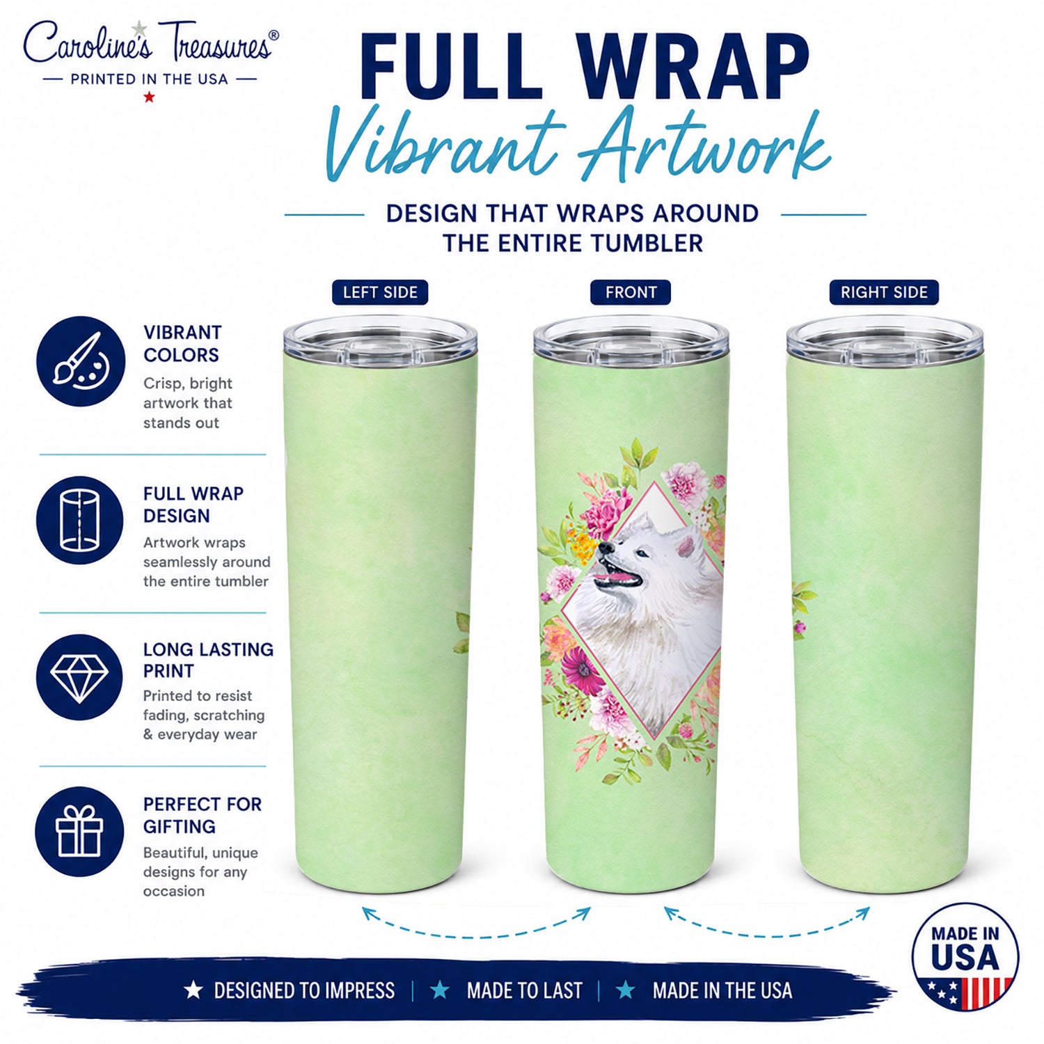 Samoyed Green Flowers Stainless Steel Skinny Tumbler 20 oz Vacuum Double Walled Reusable Insulated Travel Cup