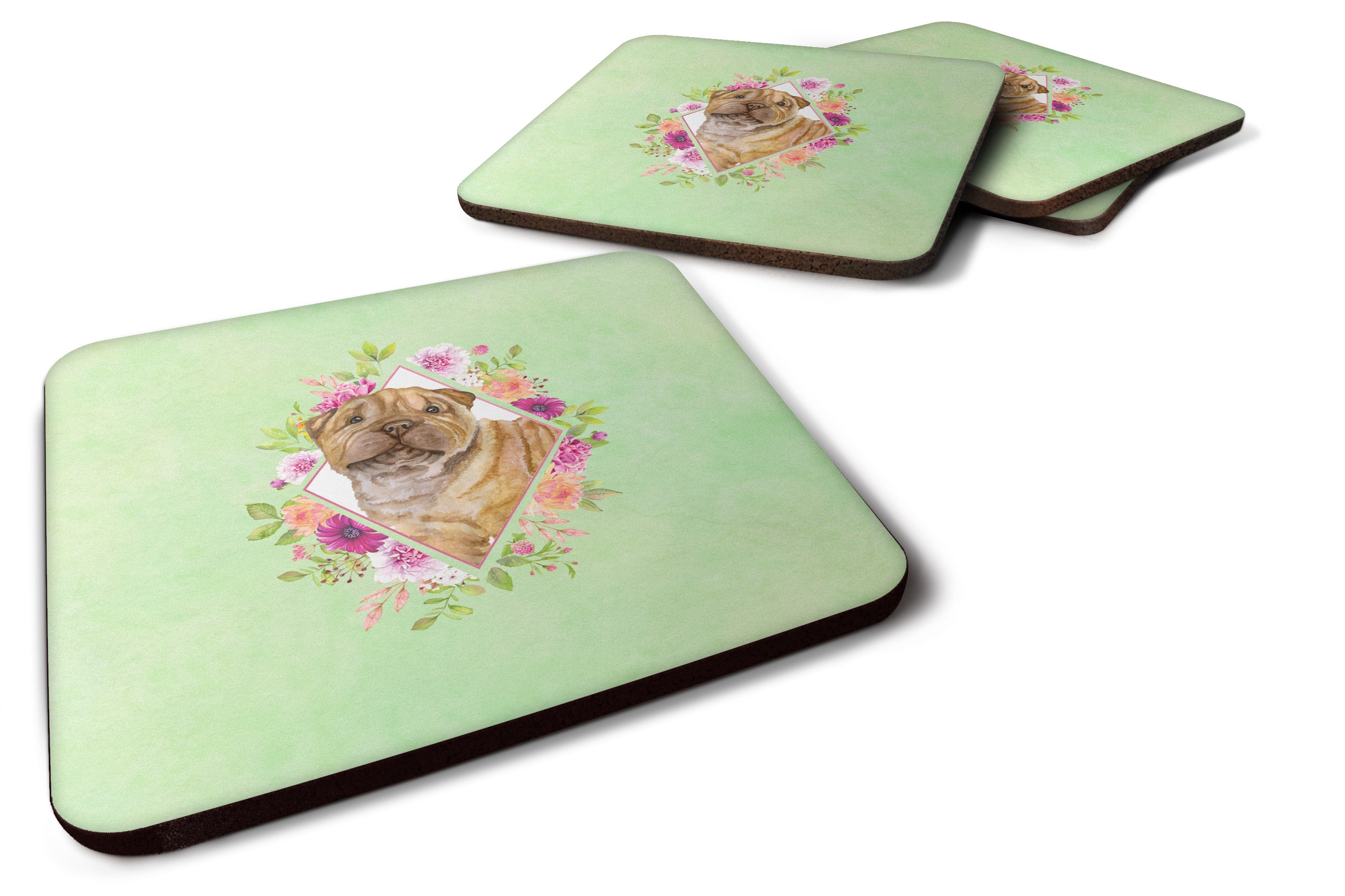 Shar Pei Green Flowers Foam Coasters Set of 4 Cup Coasters for Indoor Outdoor, Tabletop Protection, Anti Slip, Mouse pad Material