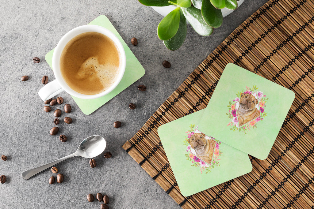 Shar Pei Green Flowers Foam Coasters Set of 4 Cup Coasters for Indoor Outdoor, Tabletop Protection, Anti Slip, Mouse pad Material