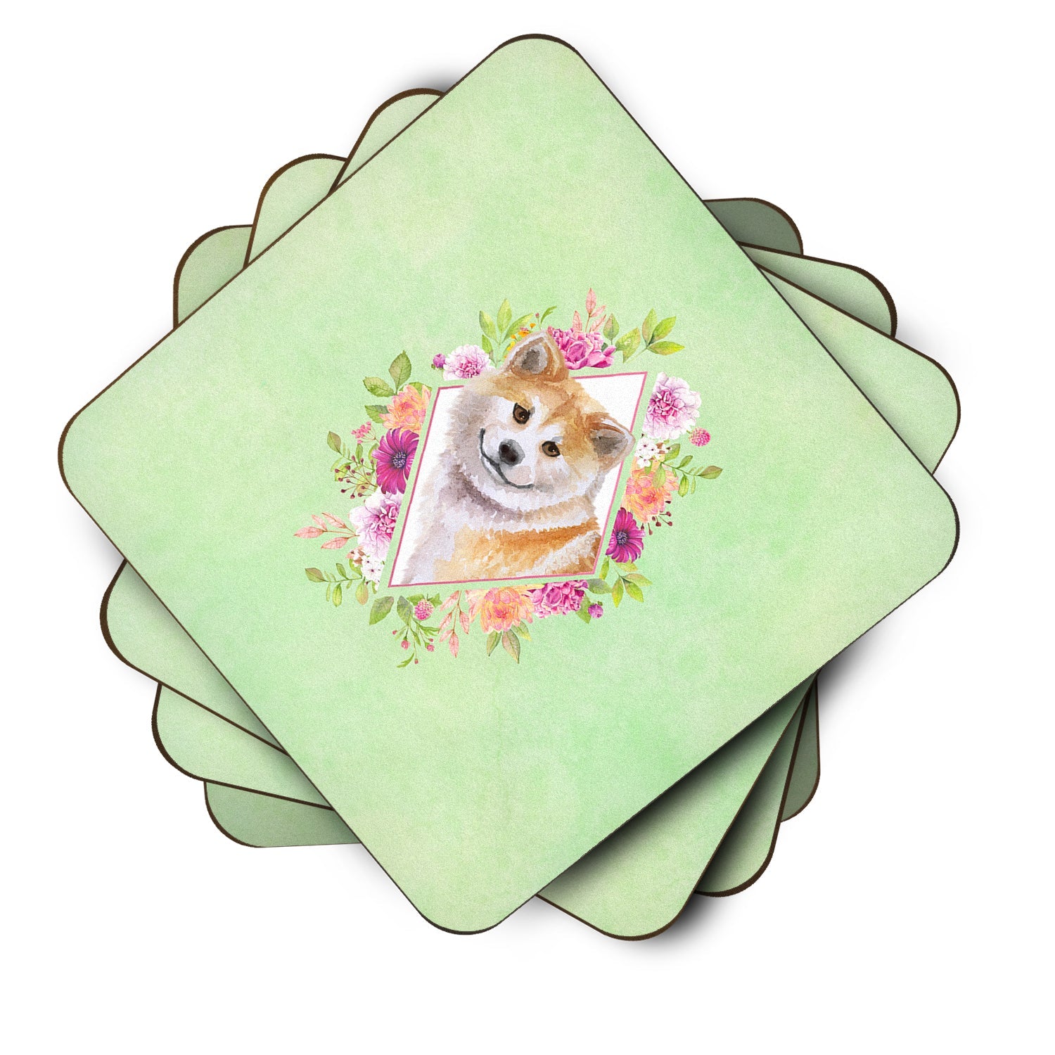 Shiba Inu Green Flowers Foam Coasters Set of 4 Cup Coasters for Indoor Outdoor, Tabletop Protection, Anti Slip, Mouse pad Material