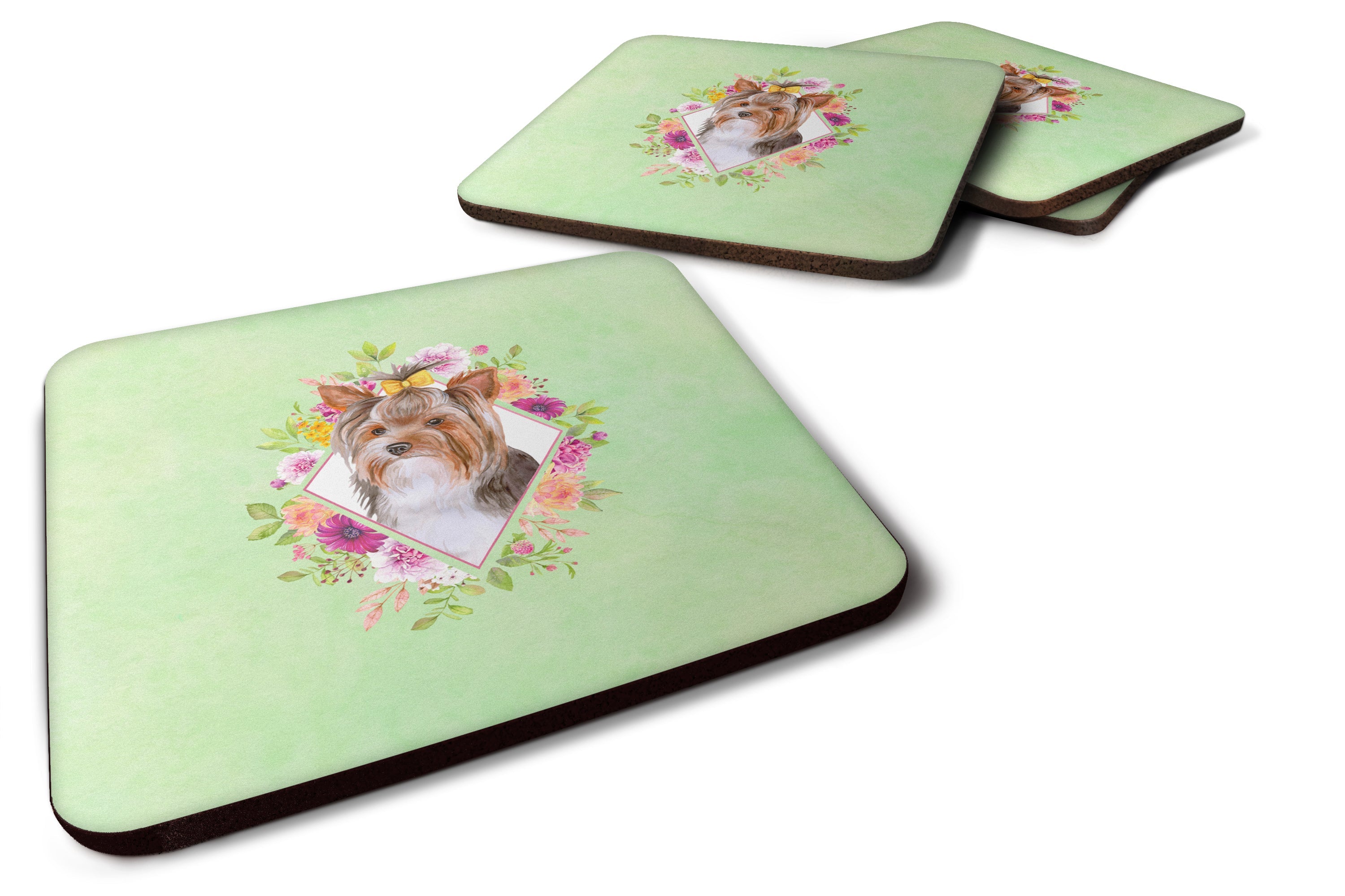 Yorkshire Terrier #1 Green Flowers Foam Coasters Set of 4 Cup Coasters for Indoor Outdoor, Tabletop Protection, Anti Slip, Mouse pad Material
