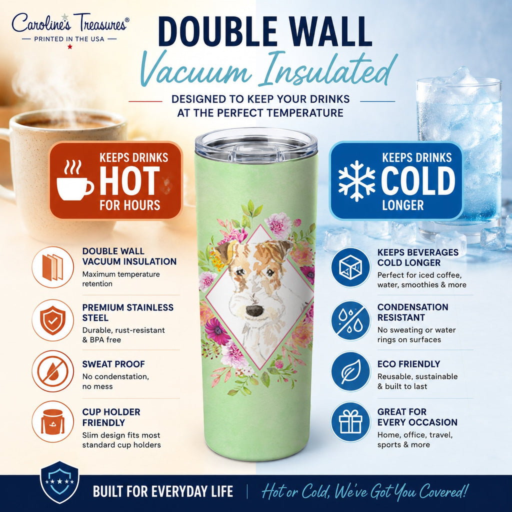 Fox Terrier Green Flowers Stainless Steel Skinny Tumbler 20 oz Vacuum Double Walled Reusable Insulated Travel Cup