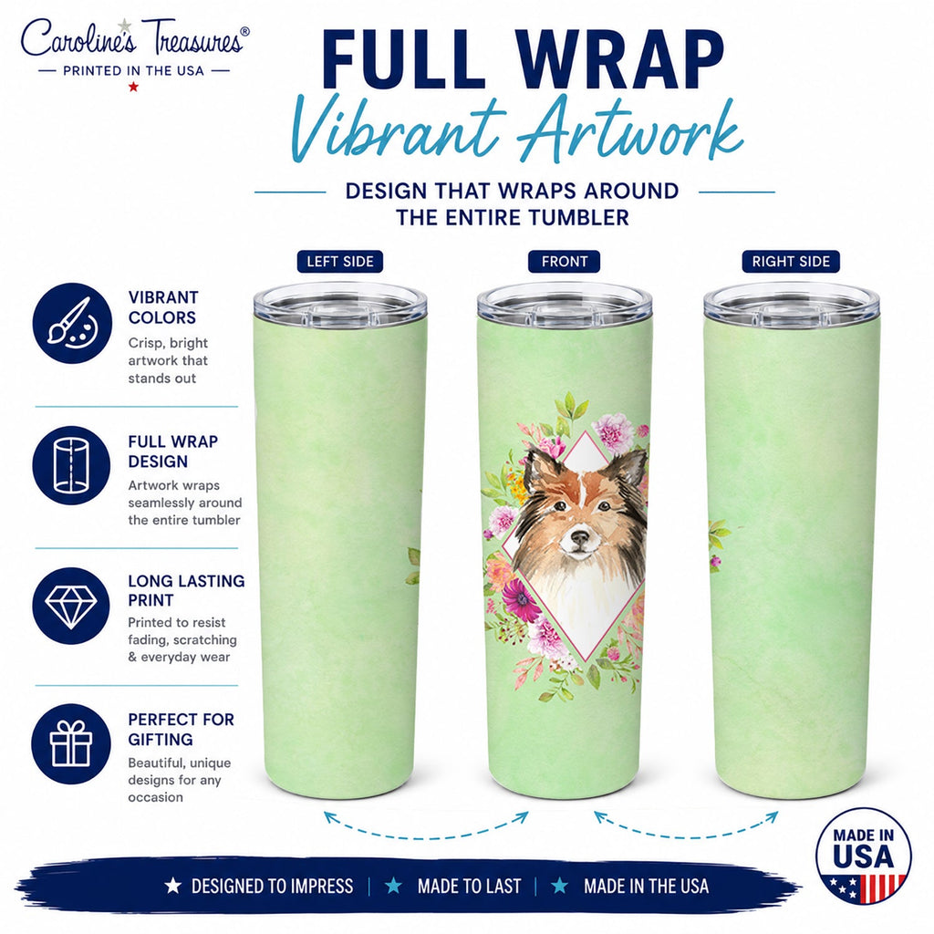 Sheltie Green Flowers Stainless Steel Skinny Tumbler 20 oz Vacuum Double Walled Reusable Insulated Travel Cup