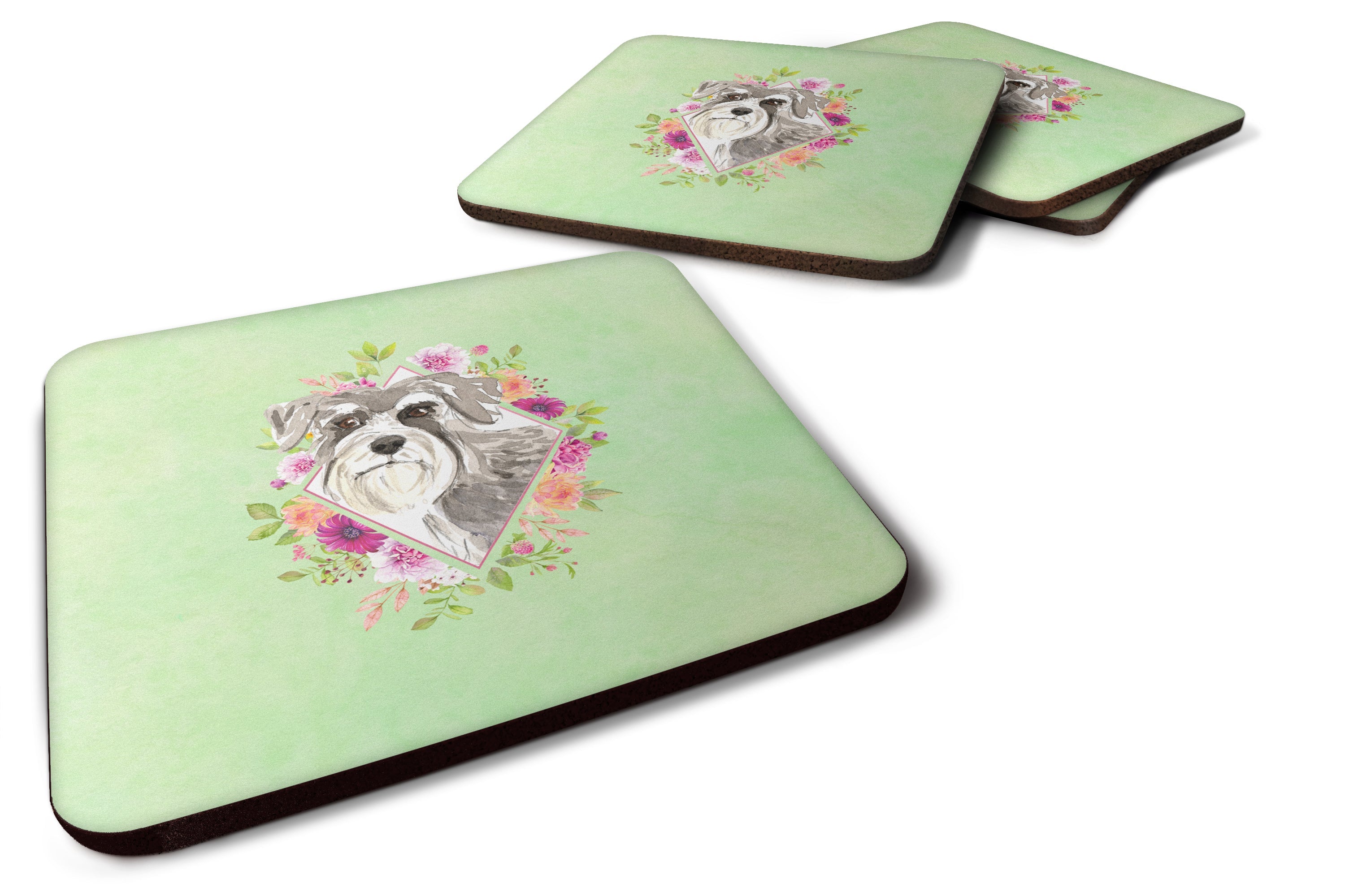 Schnauzer #1 Green Flowers Foam Coasters Set of 4 Cup Coasters for Indoor Outdoor, Tabletop Protection, Anti Slip, Mouse pad Material