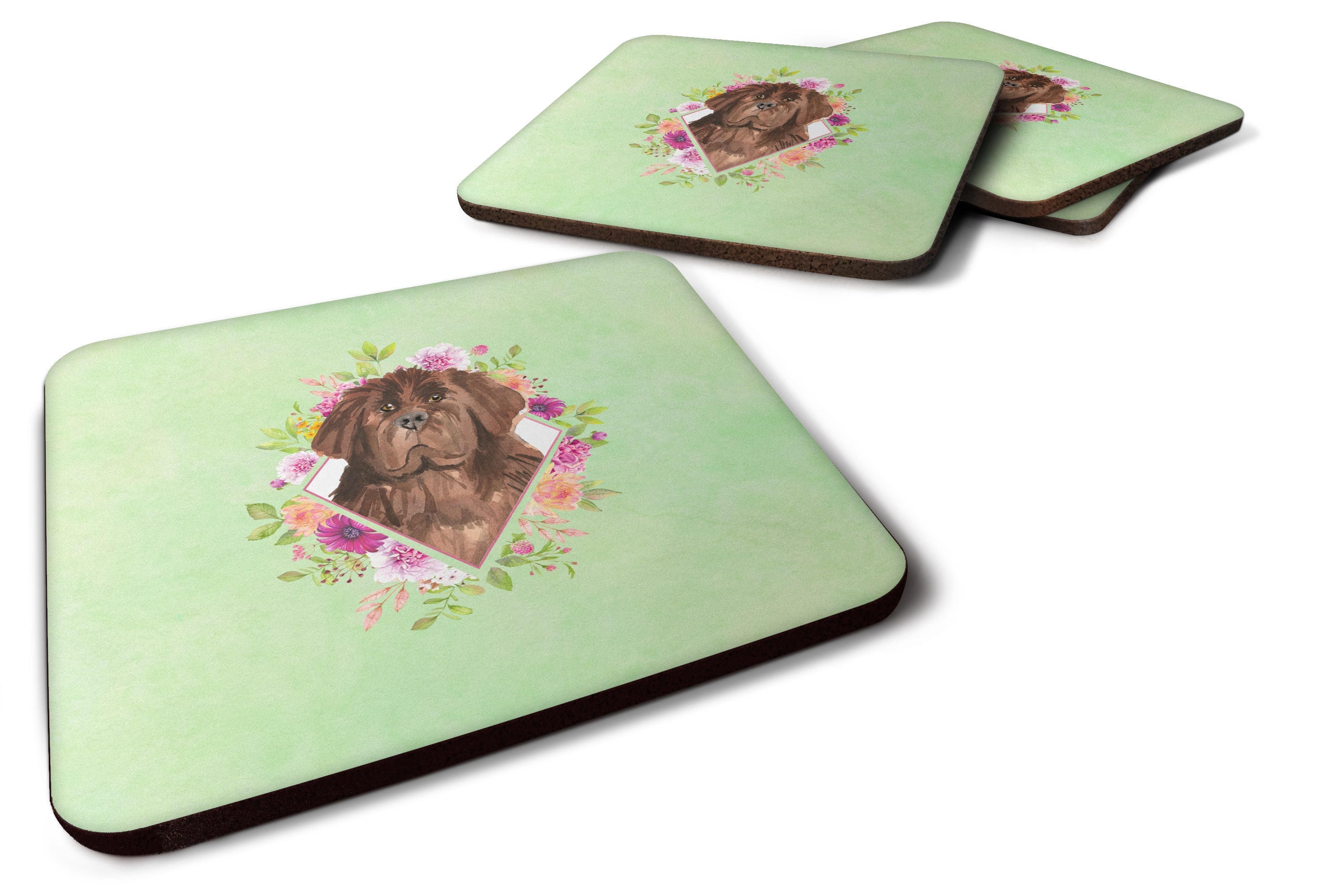 Newfoundland Green Flowers Foam Coasters Set of 4 Cup Coasters for Indoor Outdoor, Tabletop Protection, Anti Slip, Mouse pad Material