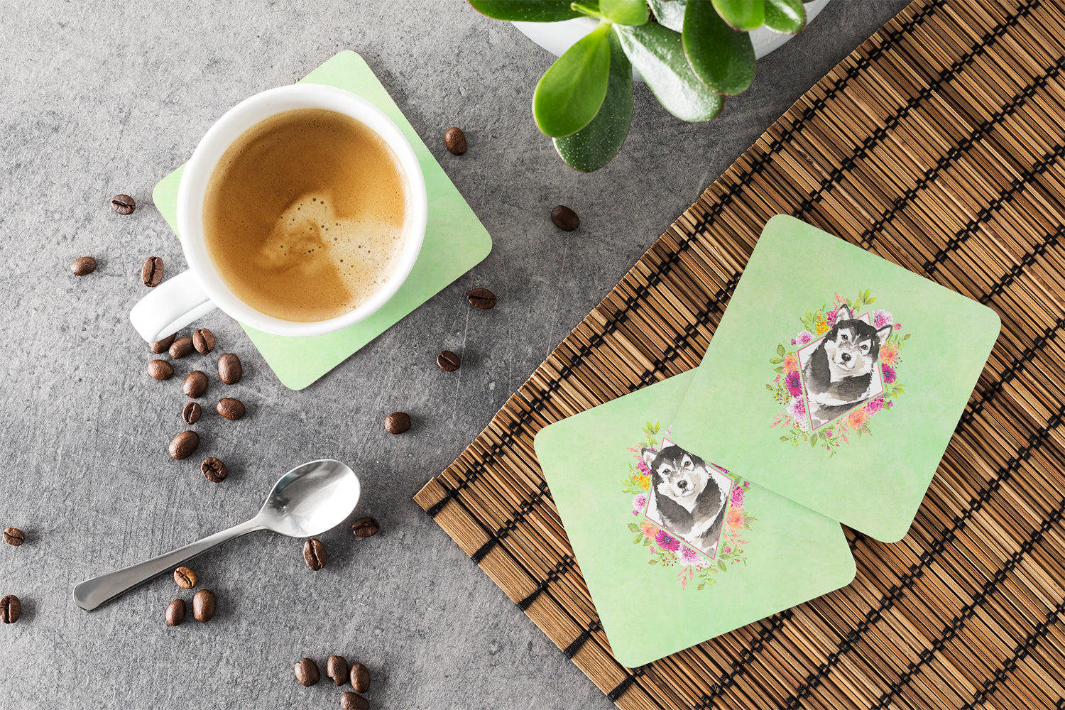 Alaskan Malamute Green Flowers Foam Coasters Set of 4 Cup Coasters for Indoor Outdoor, Tabletop Protection, Anti Slip, Mouse pad Material