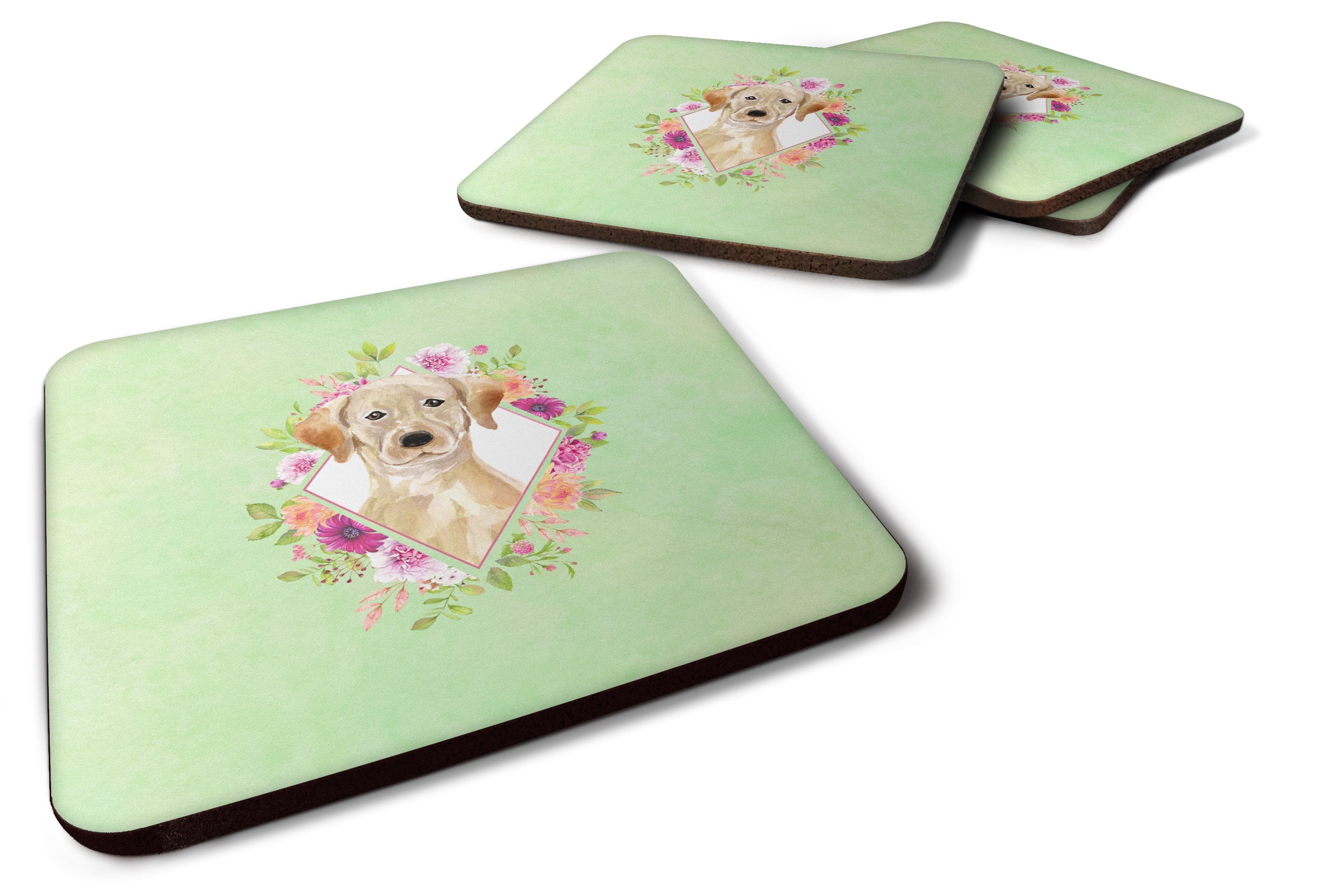 Yellow Lab Green Flowers Foam Coasters Set of 4 Cup Coasters for Indoor Outdoor, Tabletop Protection, Anti Slip, Mouse pad Material