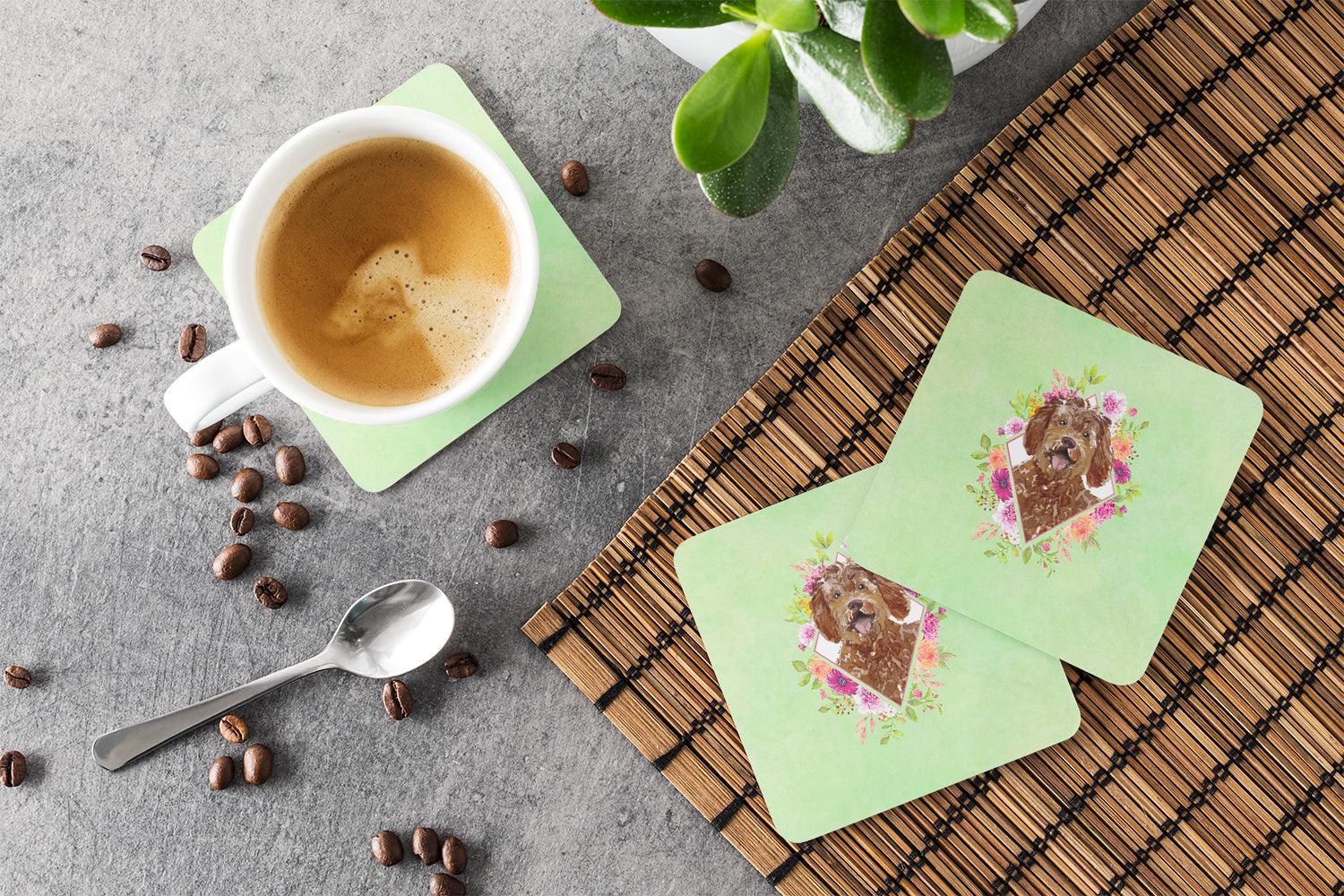 Labradoodle Green Flowers Foam Coasters Set of 4 Cup Coasters for Indoor Outdoor, Tabletop Protection, Anti Slip, Mouse pad Material
