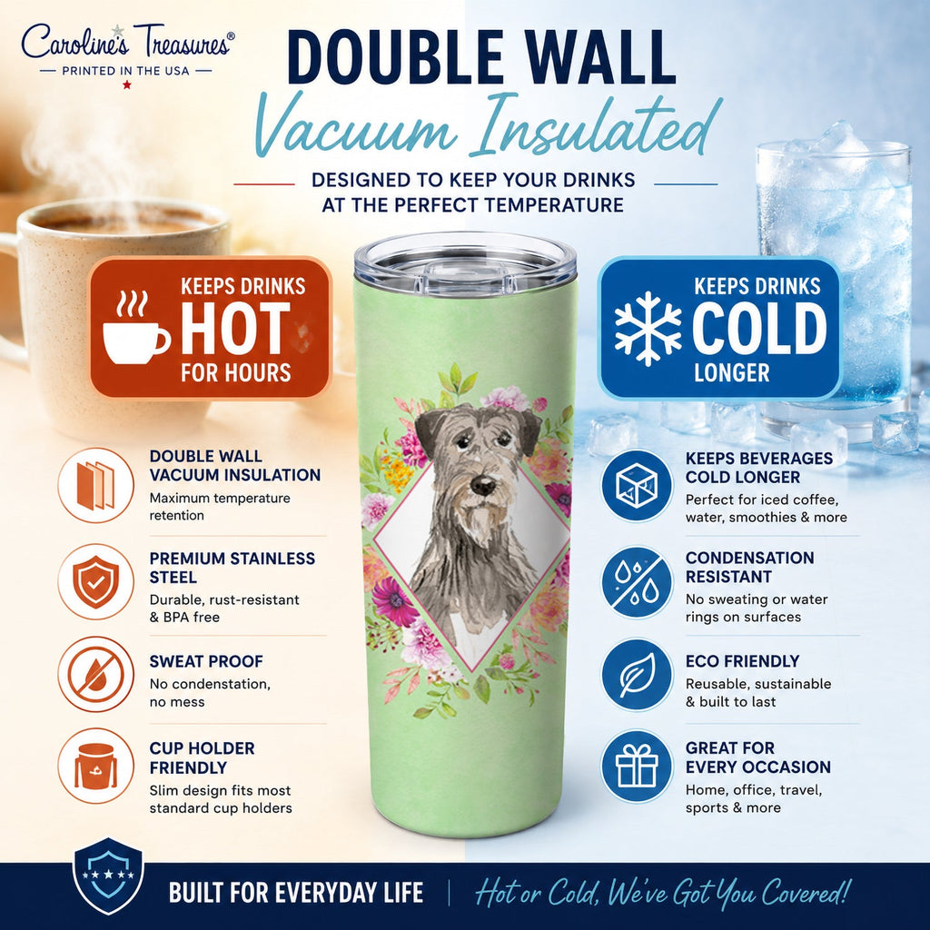 Irish Wolfhound Green Flowers Stainless Steel Skinny Tumbler 20 oz Vacuum Double Walled Reusable Insulated Travel Cup