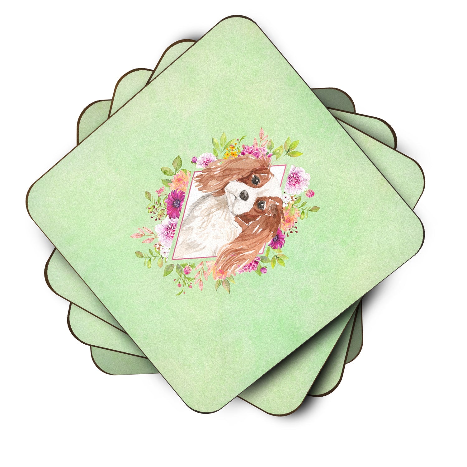 Blenheim Cavalier Spaniel Green Flowers Foam Coasters Set of 4 Cup Coasters for Indoor Outdoor, Tabletop Protection, Anti Slip, Mouse pad Material