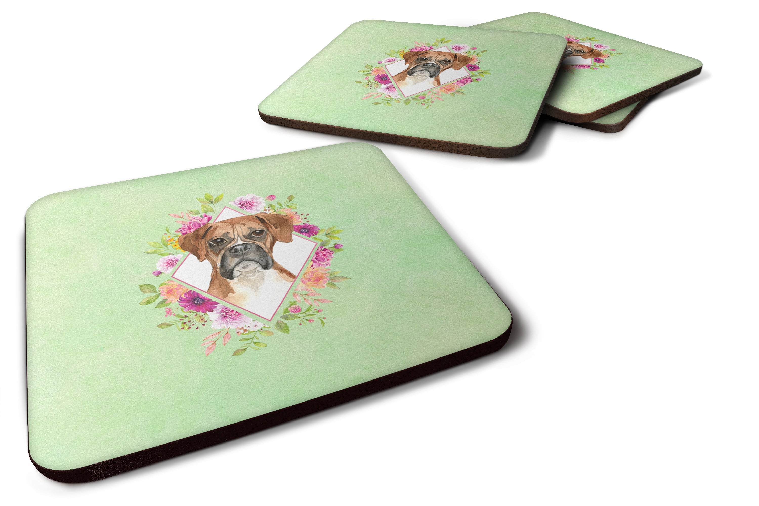 Boxer Green Flowers Foam Coasters Set of 4 Cup Coasters for Indoor Outdoor, Tabletop Protection, Anti Slip, Mouse pad Material