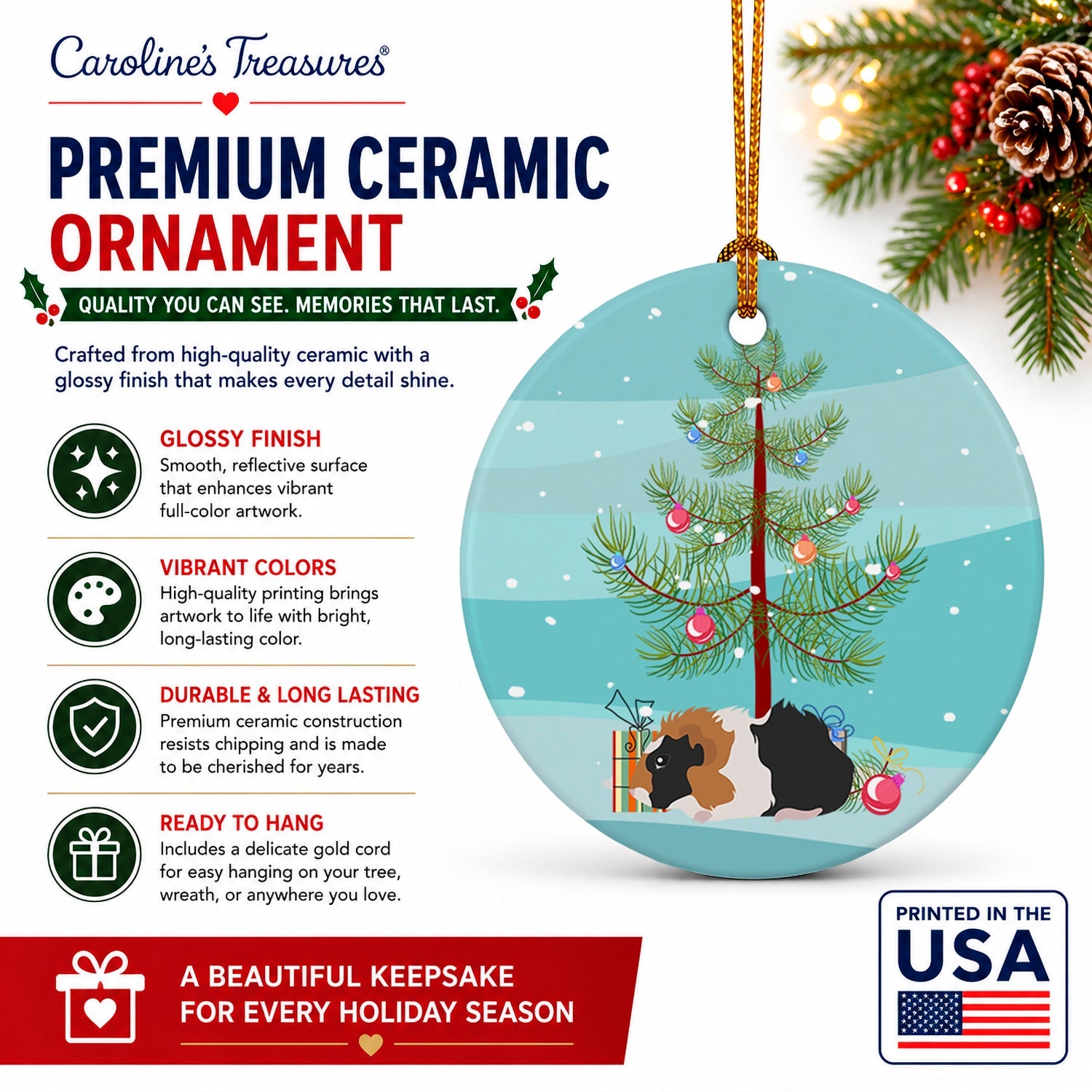 Abyssinian Guinea Pig Merry Christmas Ceramic Ornament Christmas Tree Hanging Decorations for Home Christmas Holiday, Party, Gift, 3 in, Multicolor