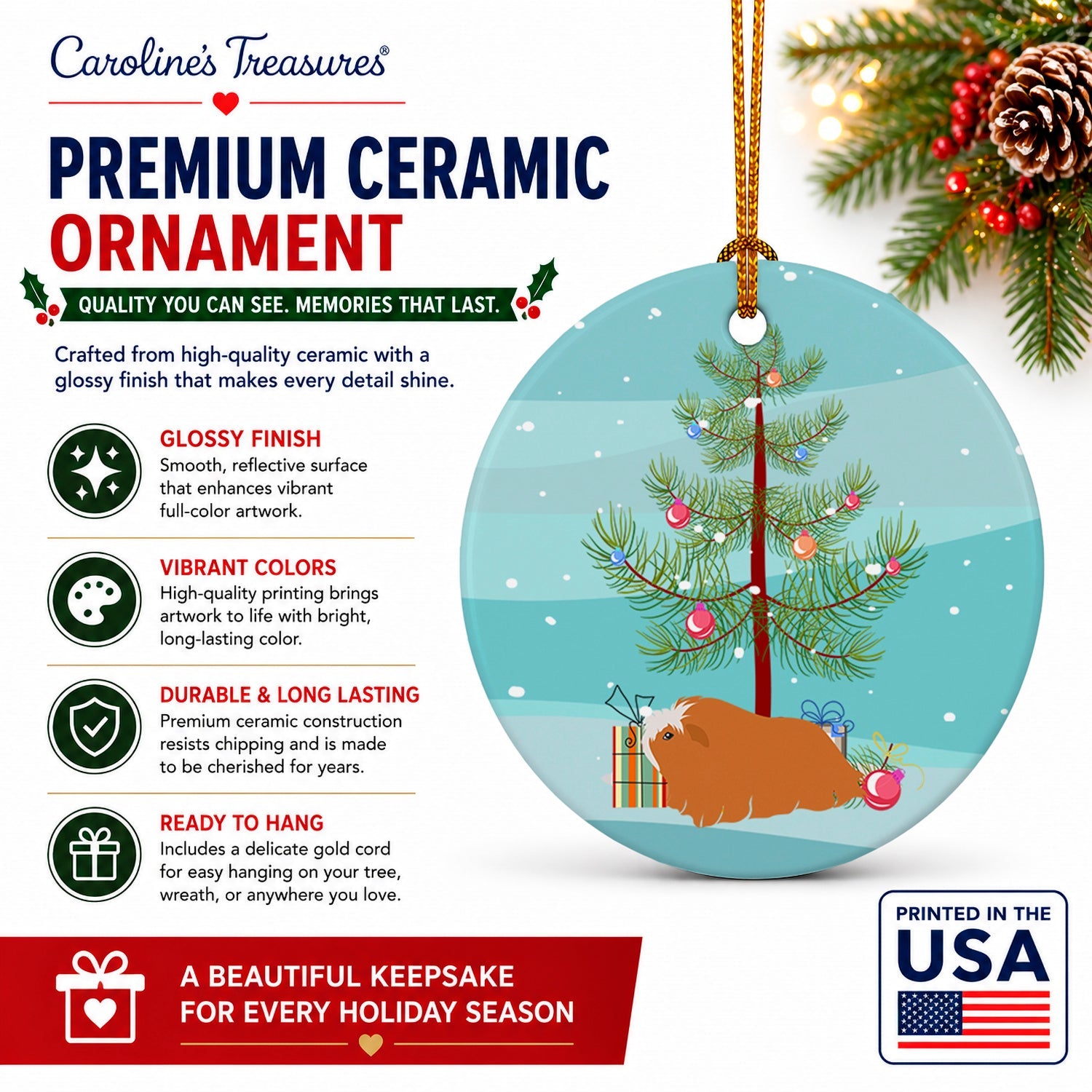 Peruvian Guinea Pig Merry Christmas Ceramic Ornament Christmas Tree Hanging Decorations for Home Christmas Holiday, Party, Gift, 3 in, Multicolor