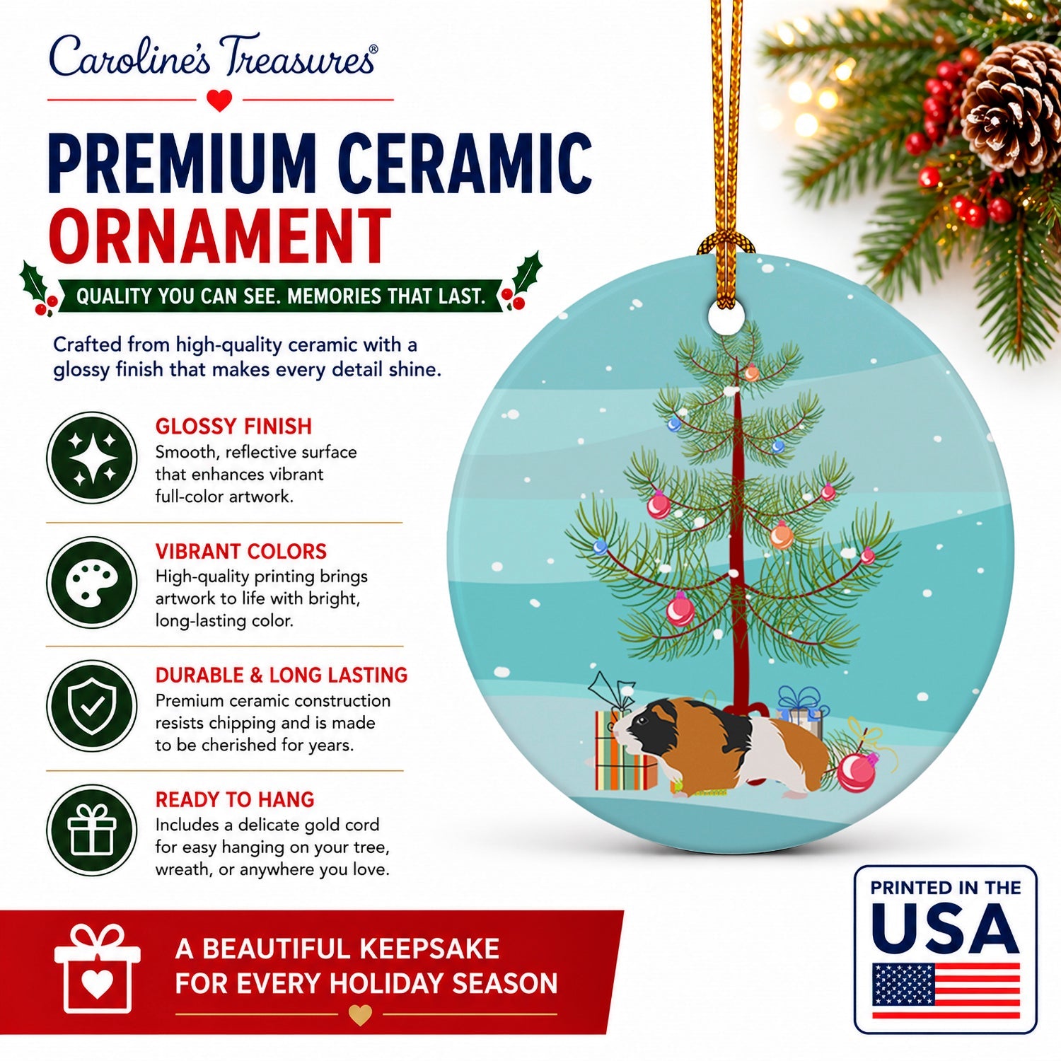 Rex Guinea Pig Merry Christmas Ceramic Ornament Christmas Tree Hanging Decorations for Home Christmas Holiday, Party, Gift, 3 in, Multicolor