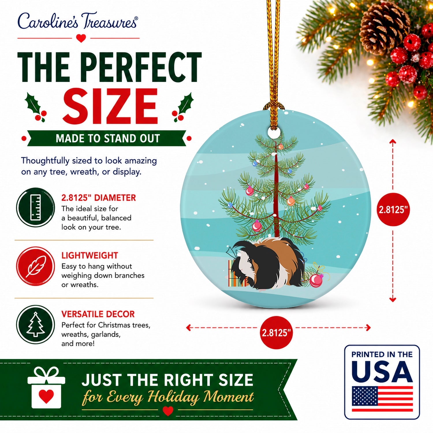 Sheba Guinea Pig Merry Christmas Ceramic Ornament Christmas Tree Hanging Decorations for Home Christmas Holiday, Party, Gift, 3 in, Multicolor